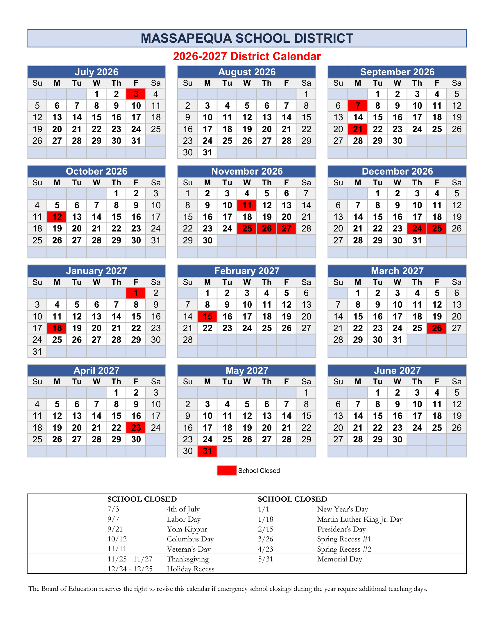 Massapequa School District Calendar 26-27 Revised
