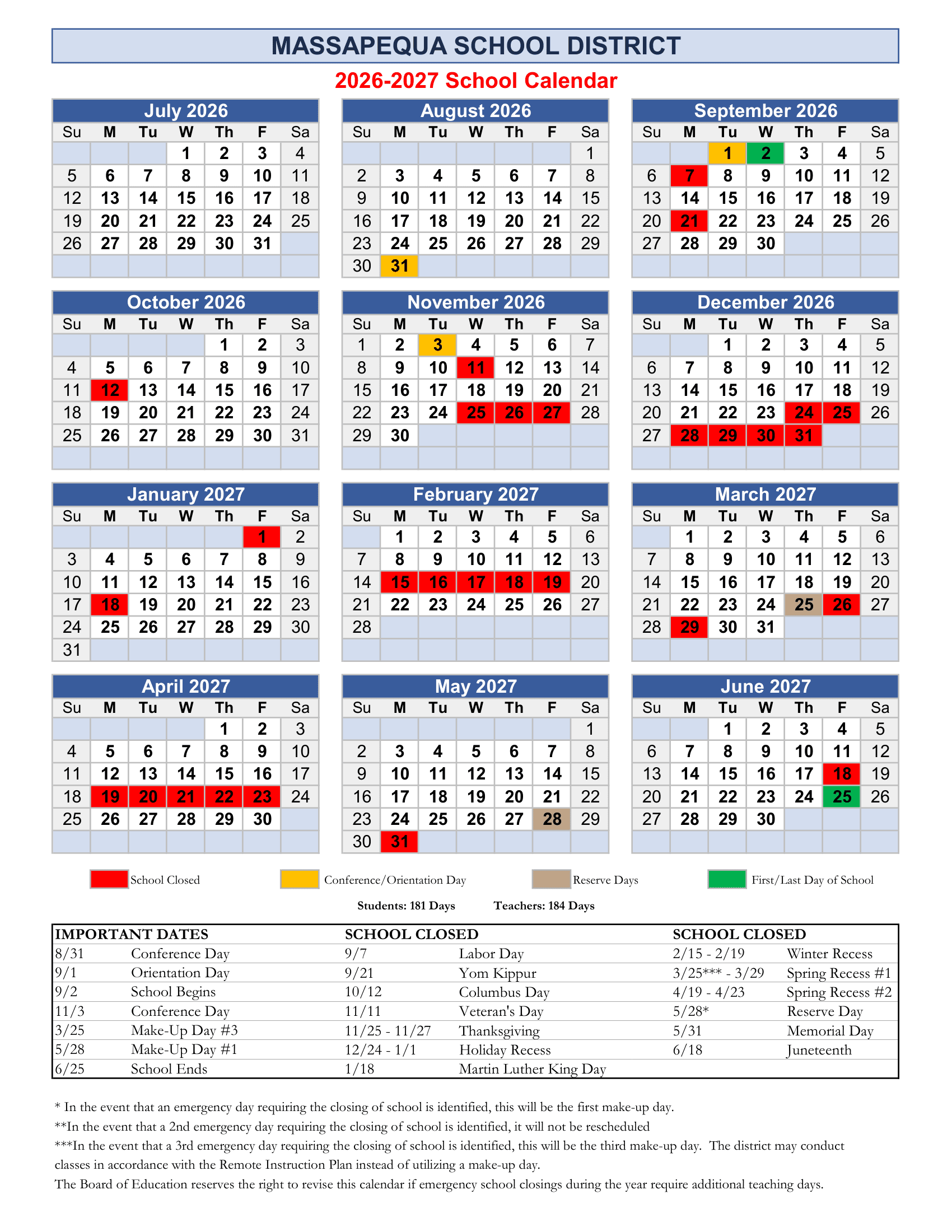 Massapequa School District Calendar 26-27 Revised