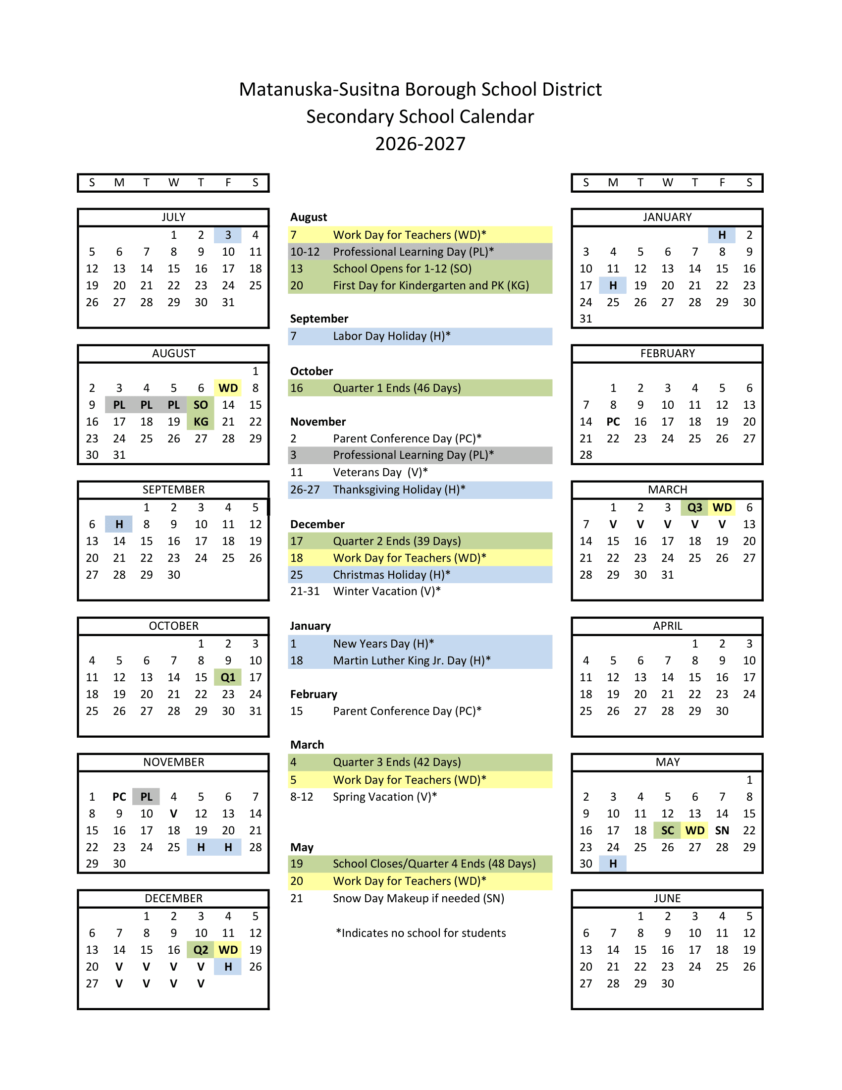 Matanuska-Susitna Borough School District Calendar 26-27 Revised