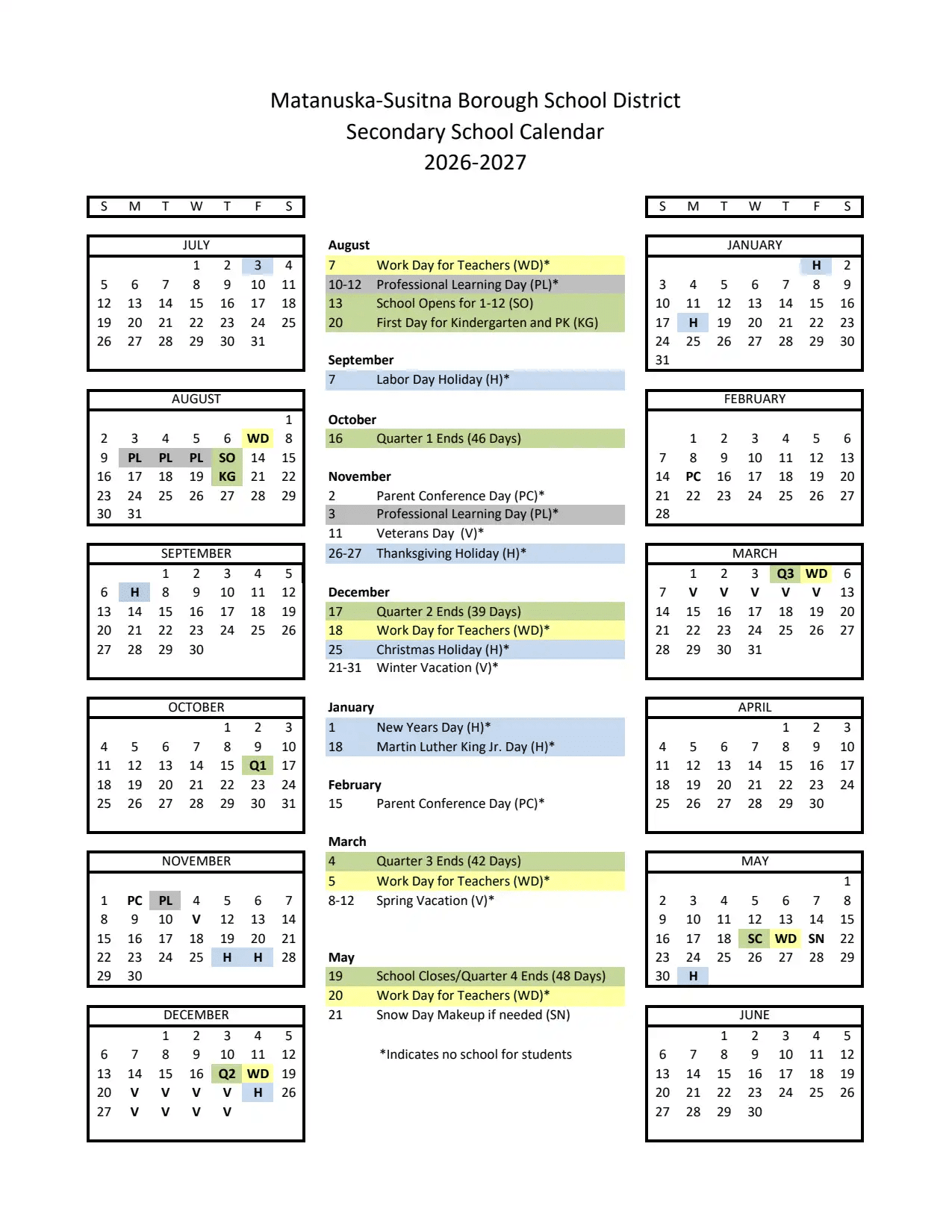 Matanuska-Susitna Borough School District Calendar 26-27 Revised