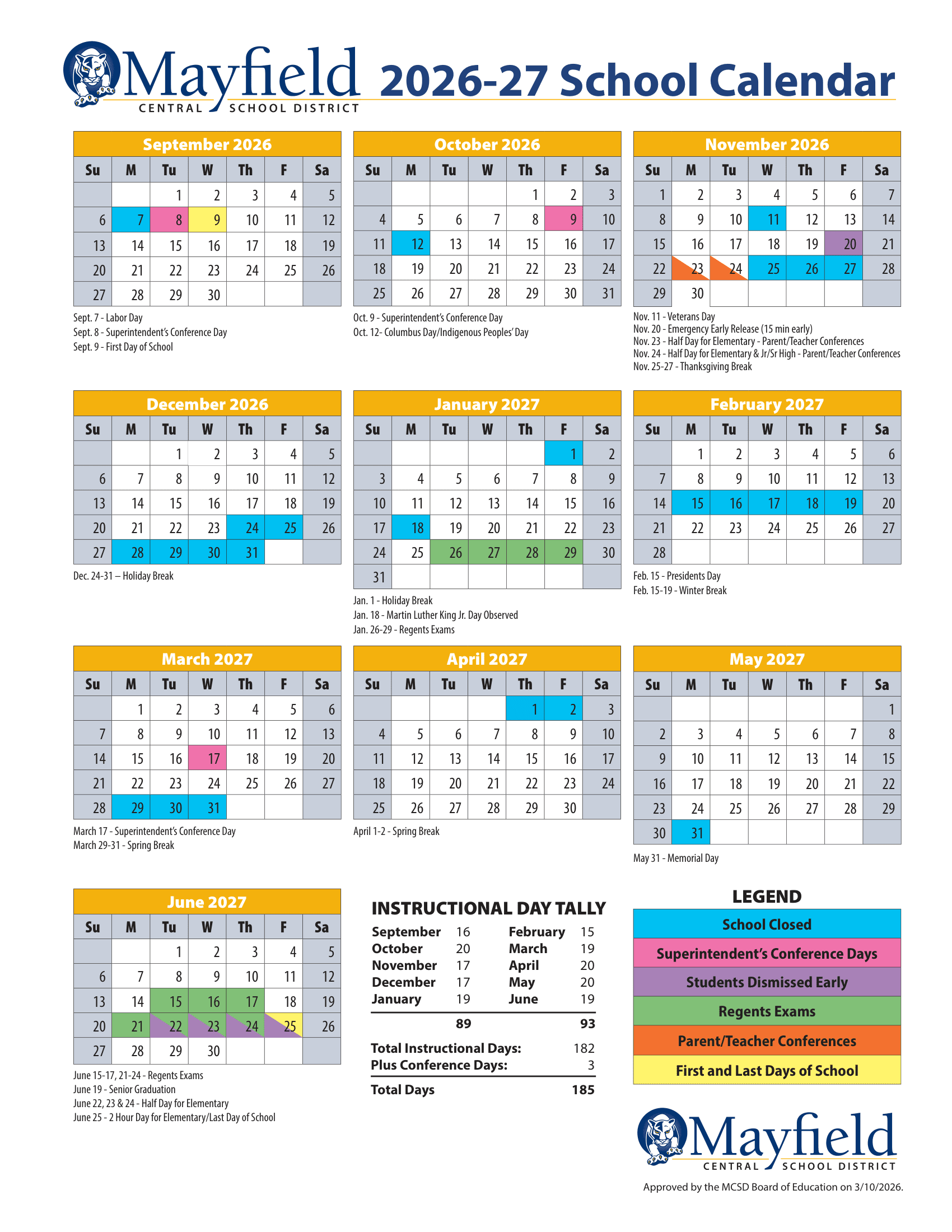 Mayfield Central School District Calendar 26-27 Revised