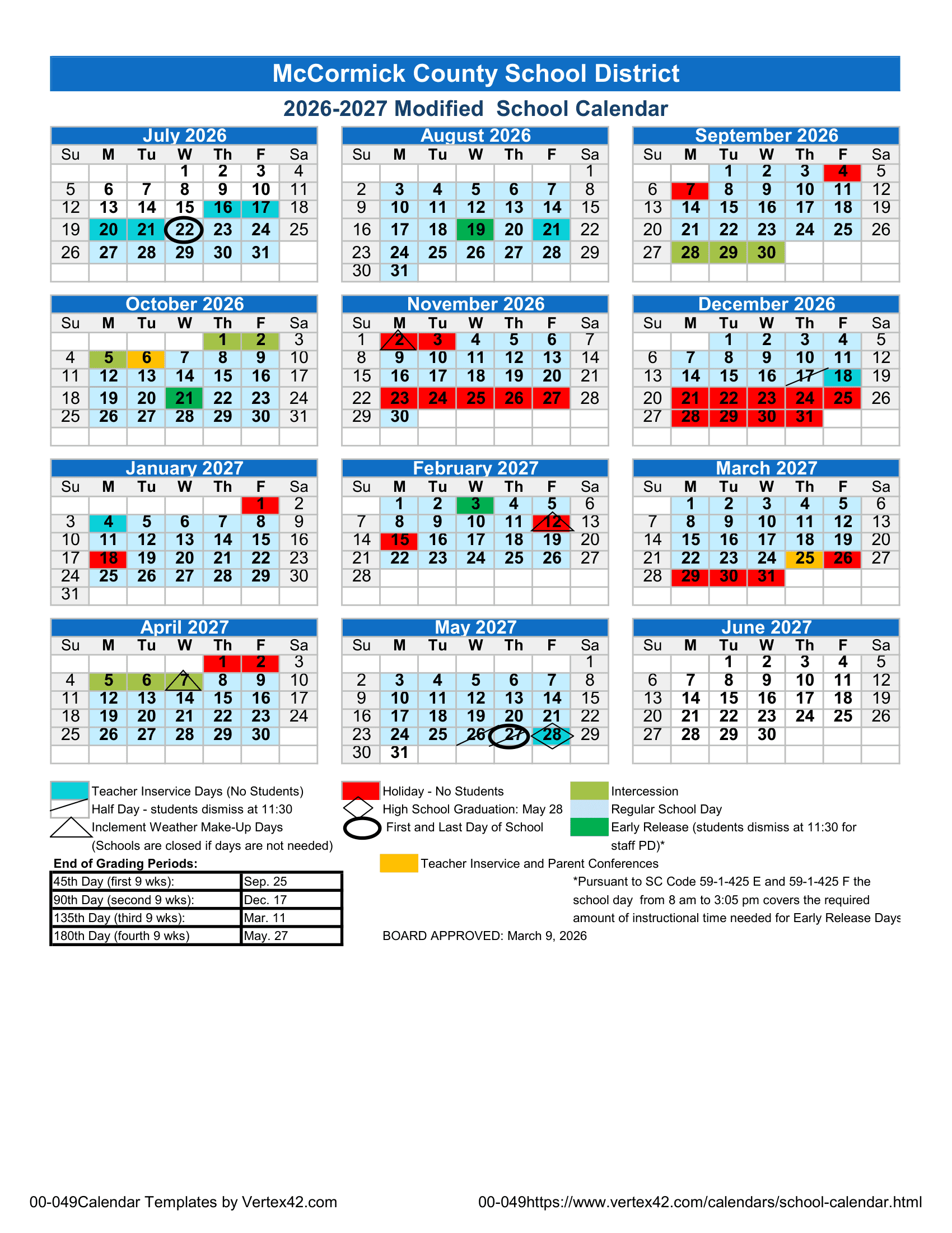 McCormick County School District Calendar 26-27 Revised