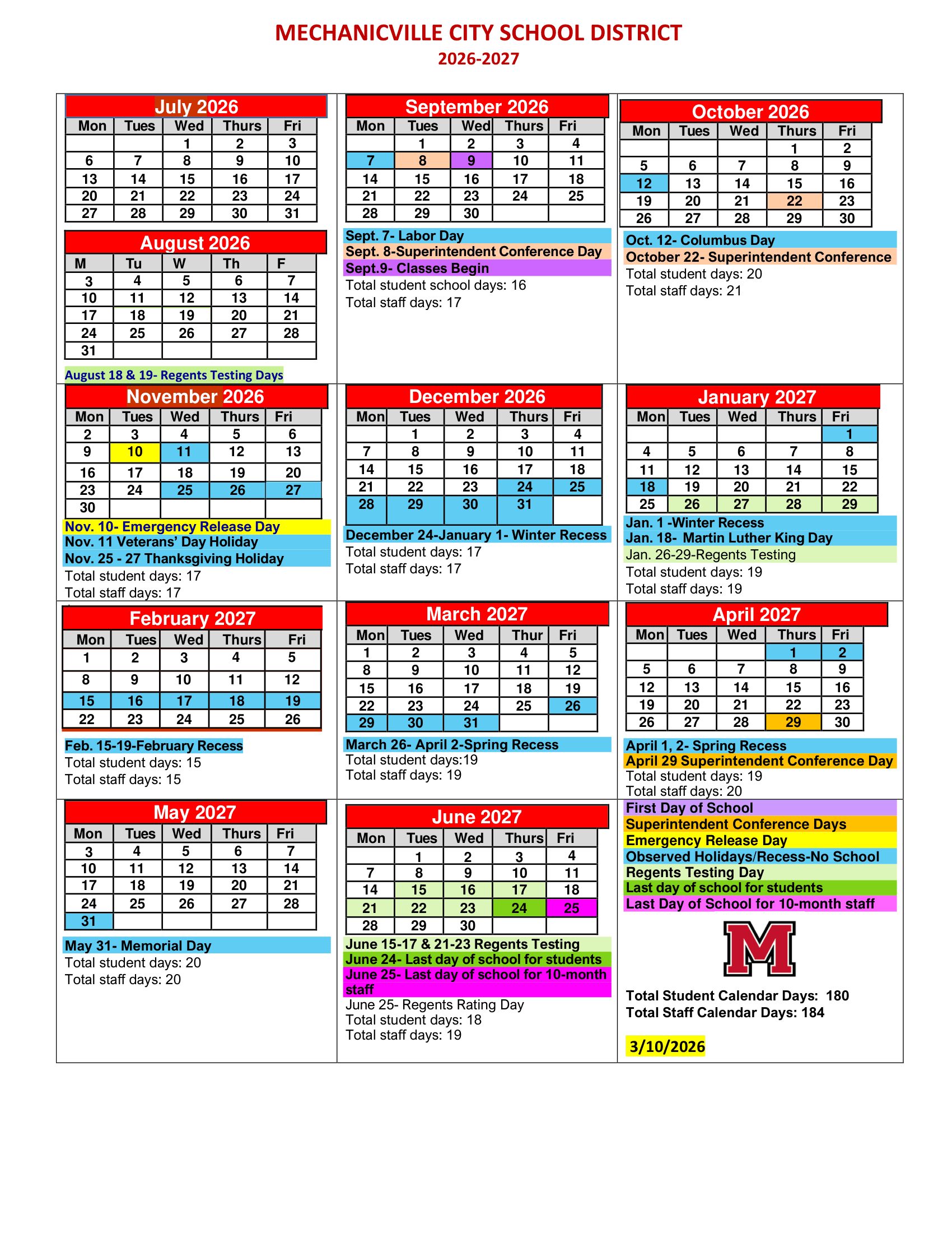 Mechanicville City School District Calendar 26-27 Revised