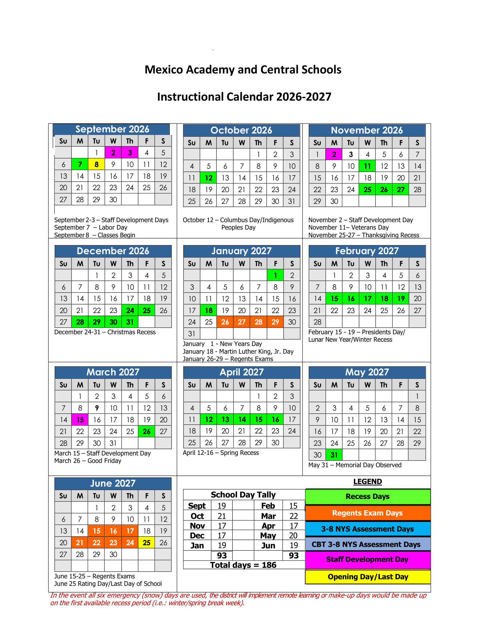 Mexico Academy and Central Schools Calendar 26-27 Revised