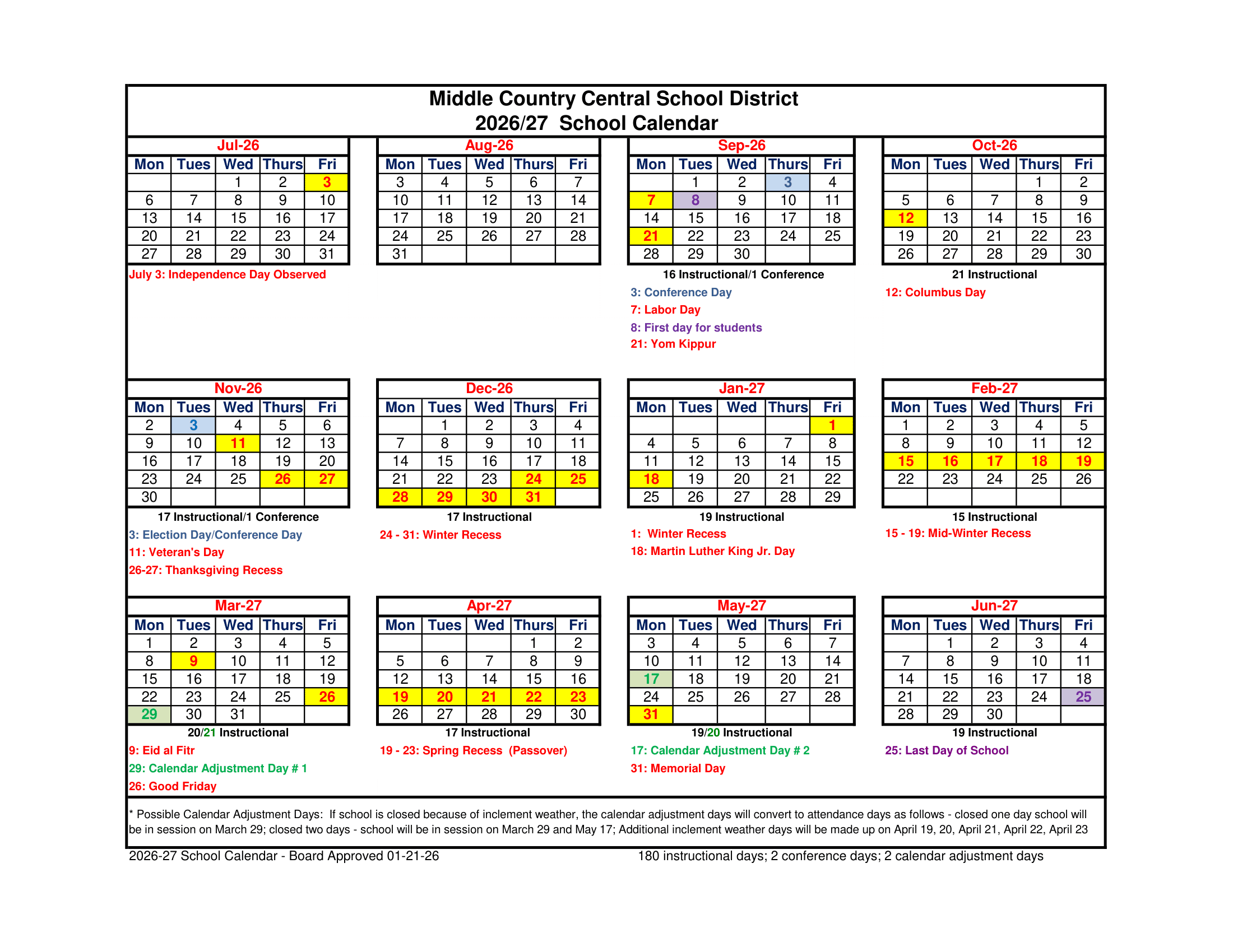 Middle Country Central School District Calendar 26-27 Revised