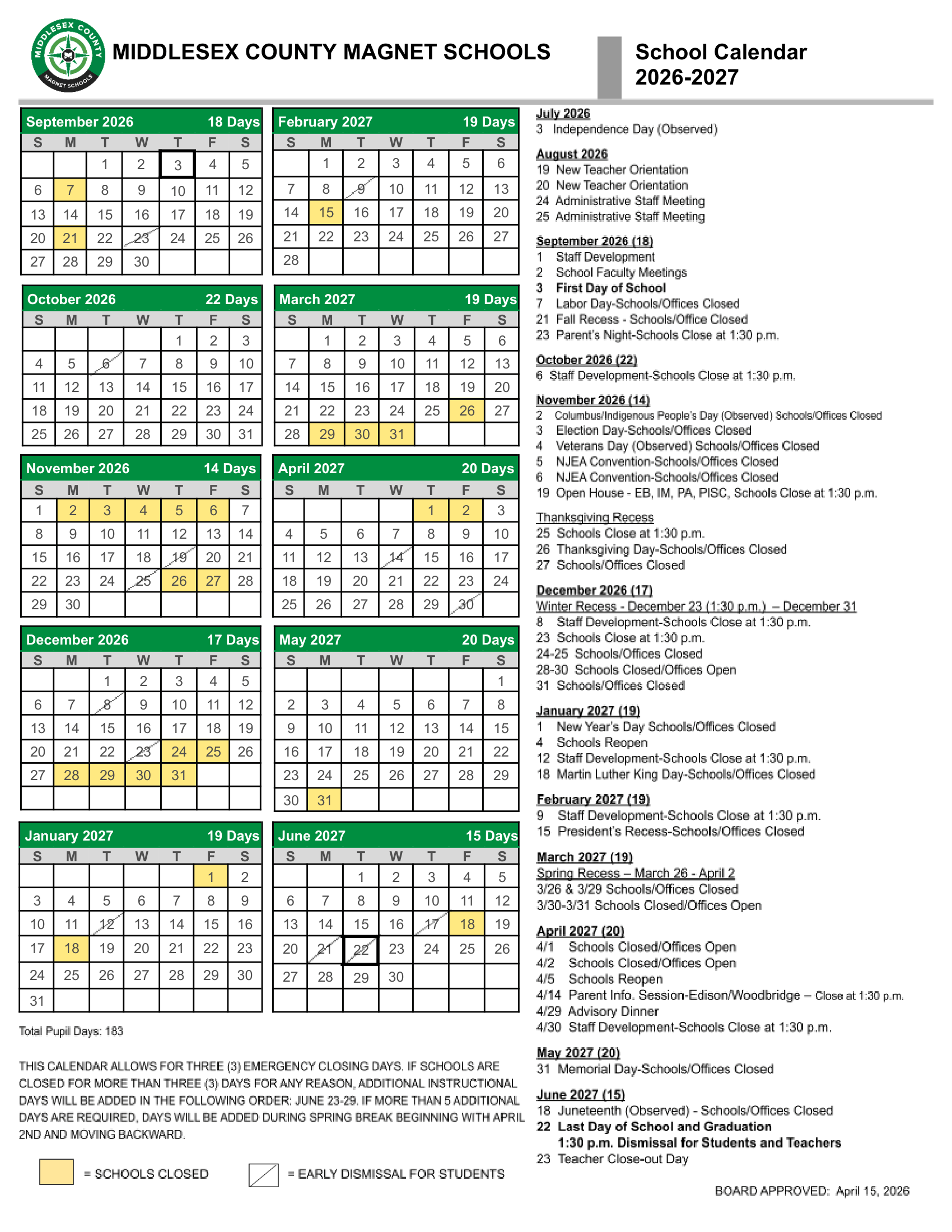 Middlesex County Magnet Schools Calendar 26-27 Revised
