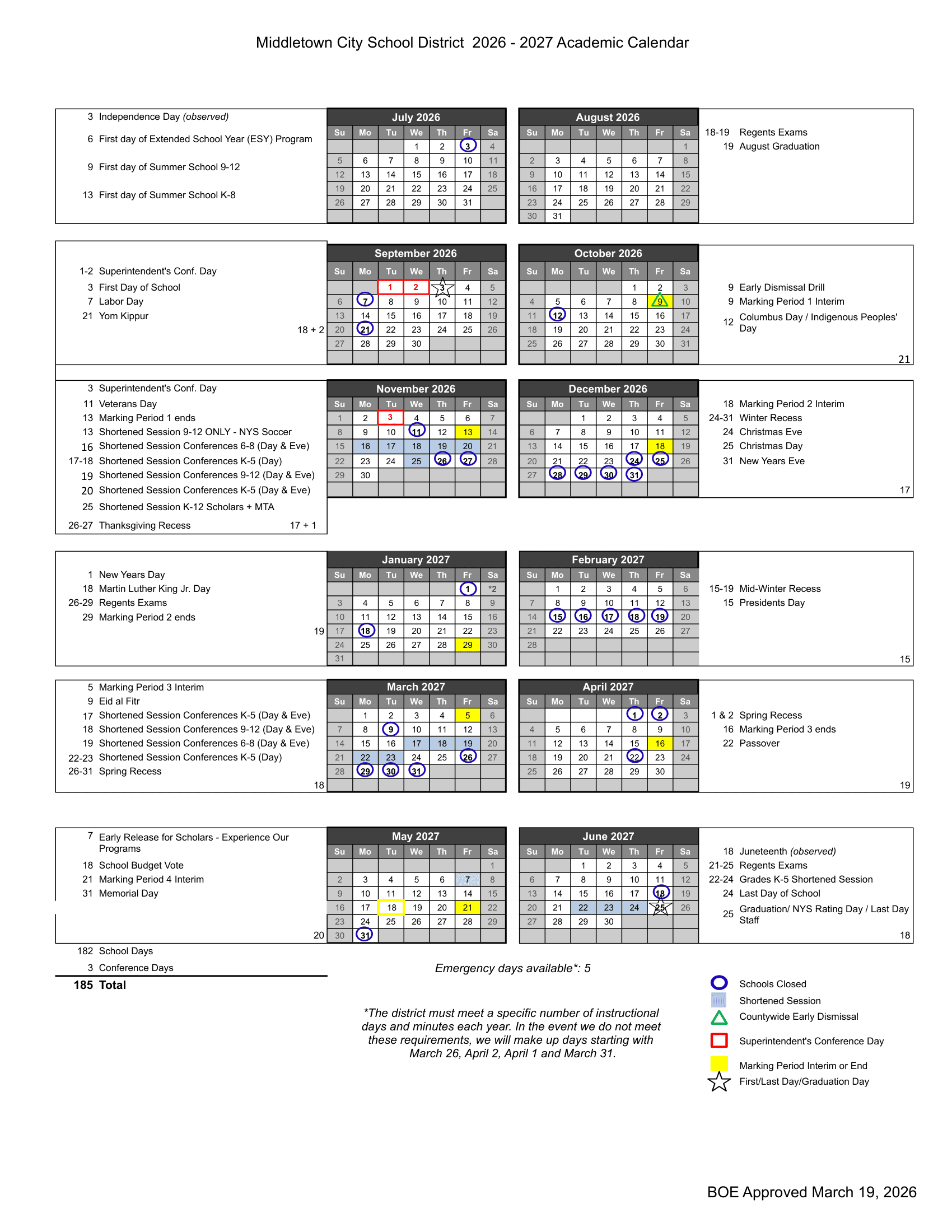 Middletown City School District Calendar 26-27 Revised