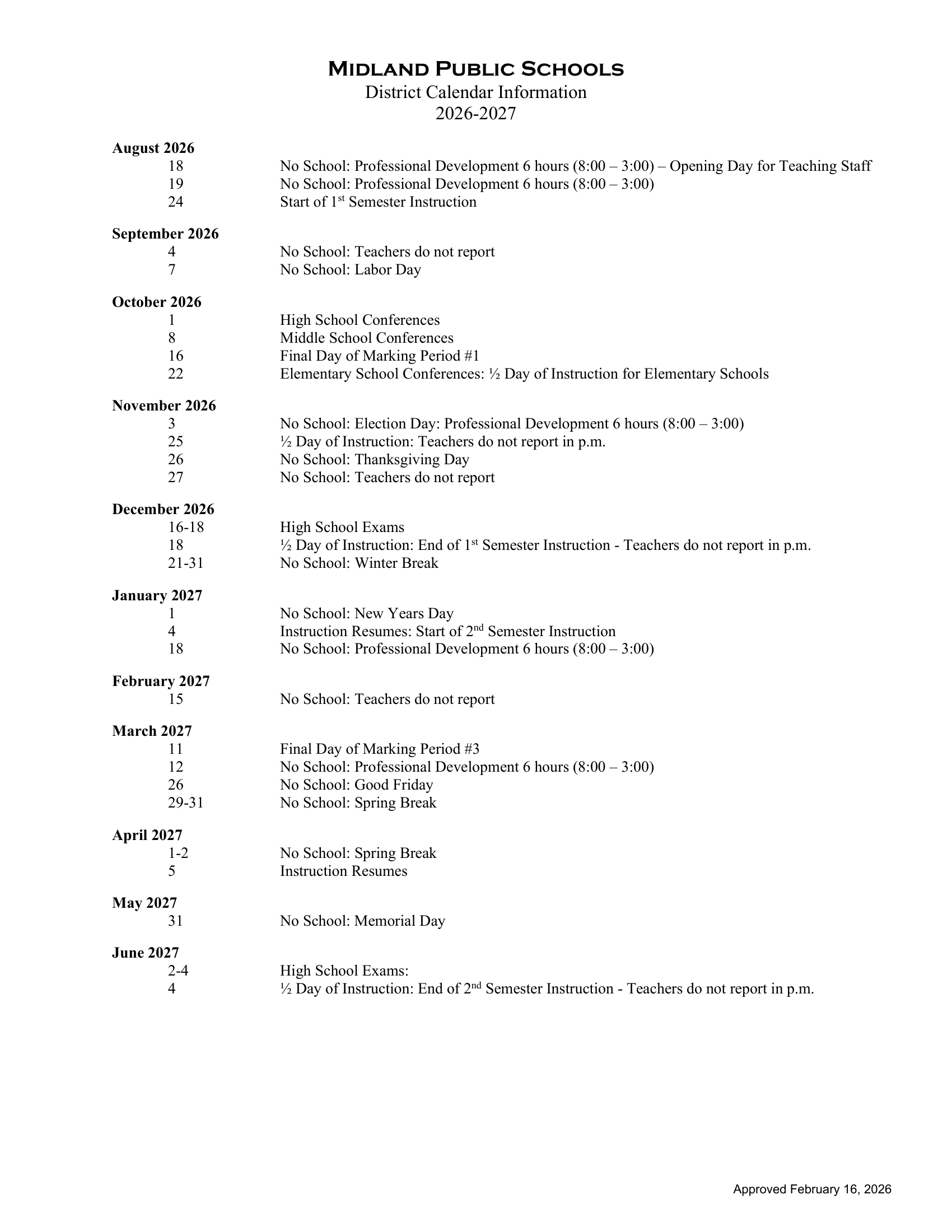 Midland Public Schools Calendar 26-27 Revised