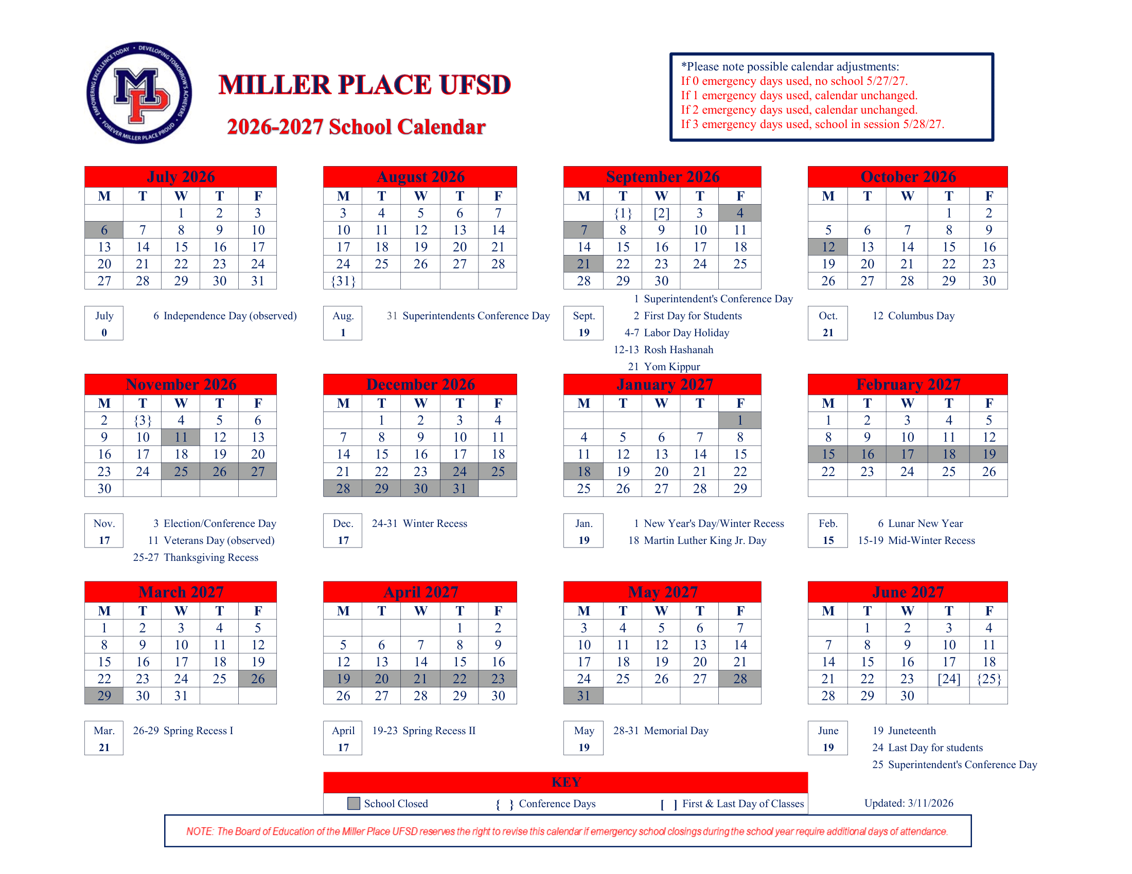 Miller Place UFSD Calendar 26-27 Revised