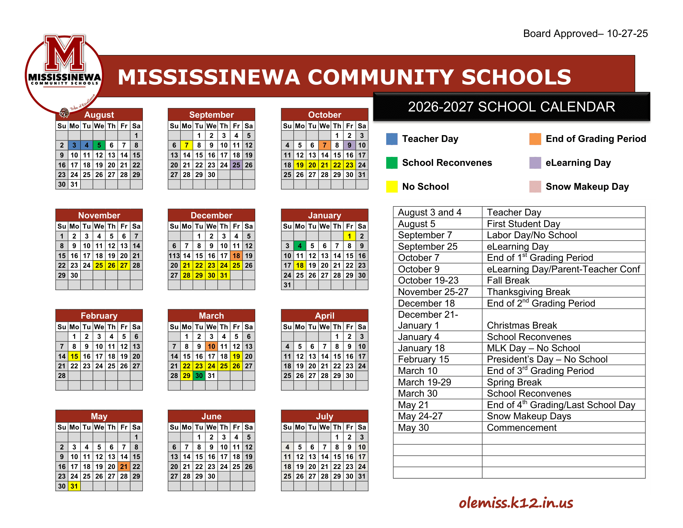 Mississinewa Community Schools Calendar 26-27 Revised