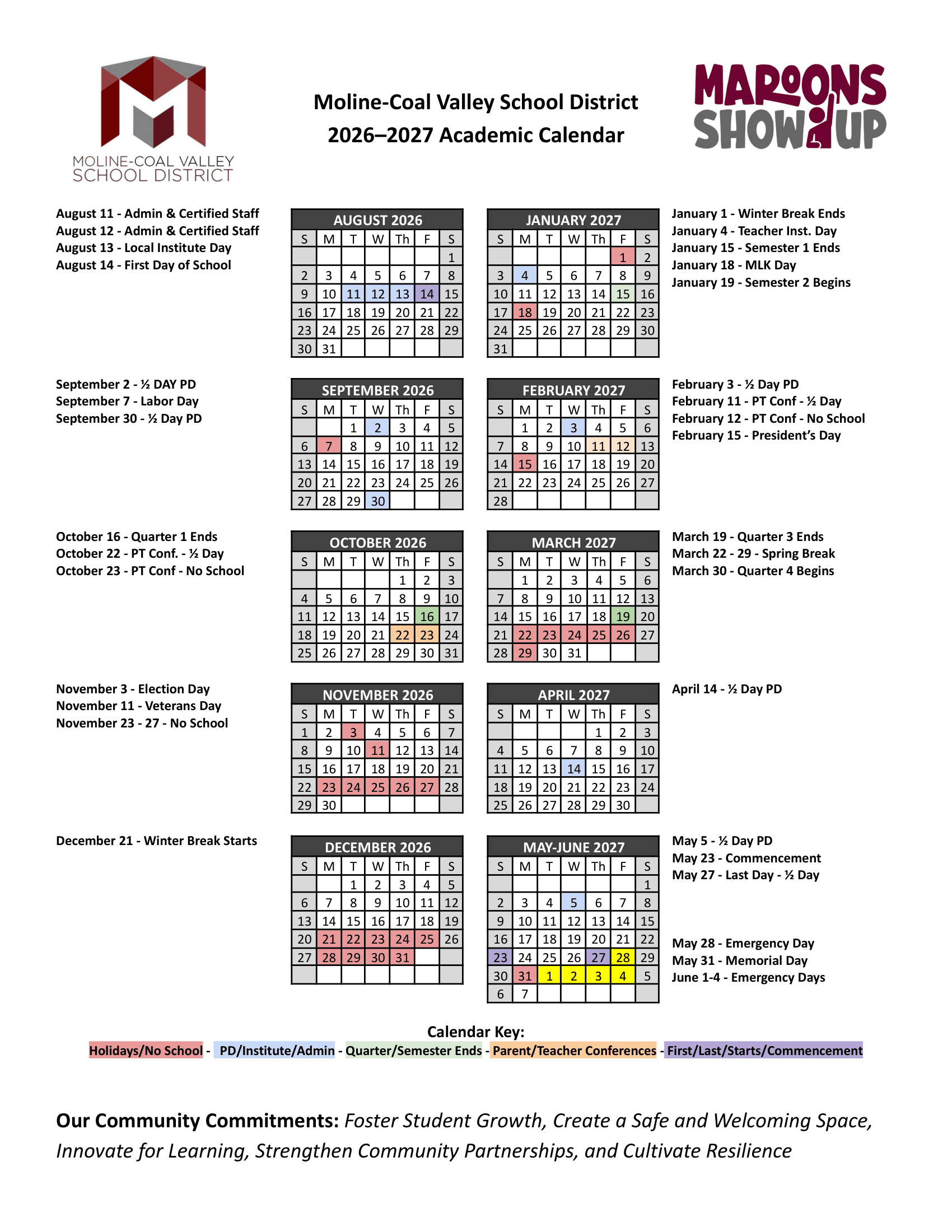 Moline-Coal Valley School District Calendar 26-27 Revised