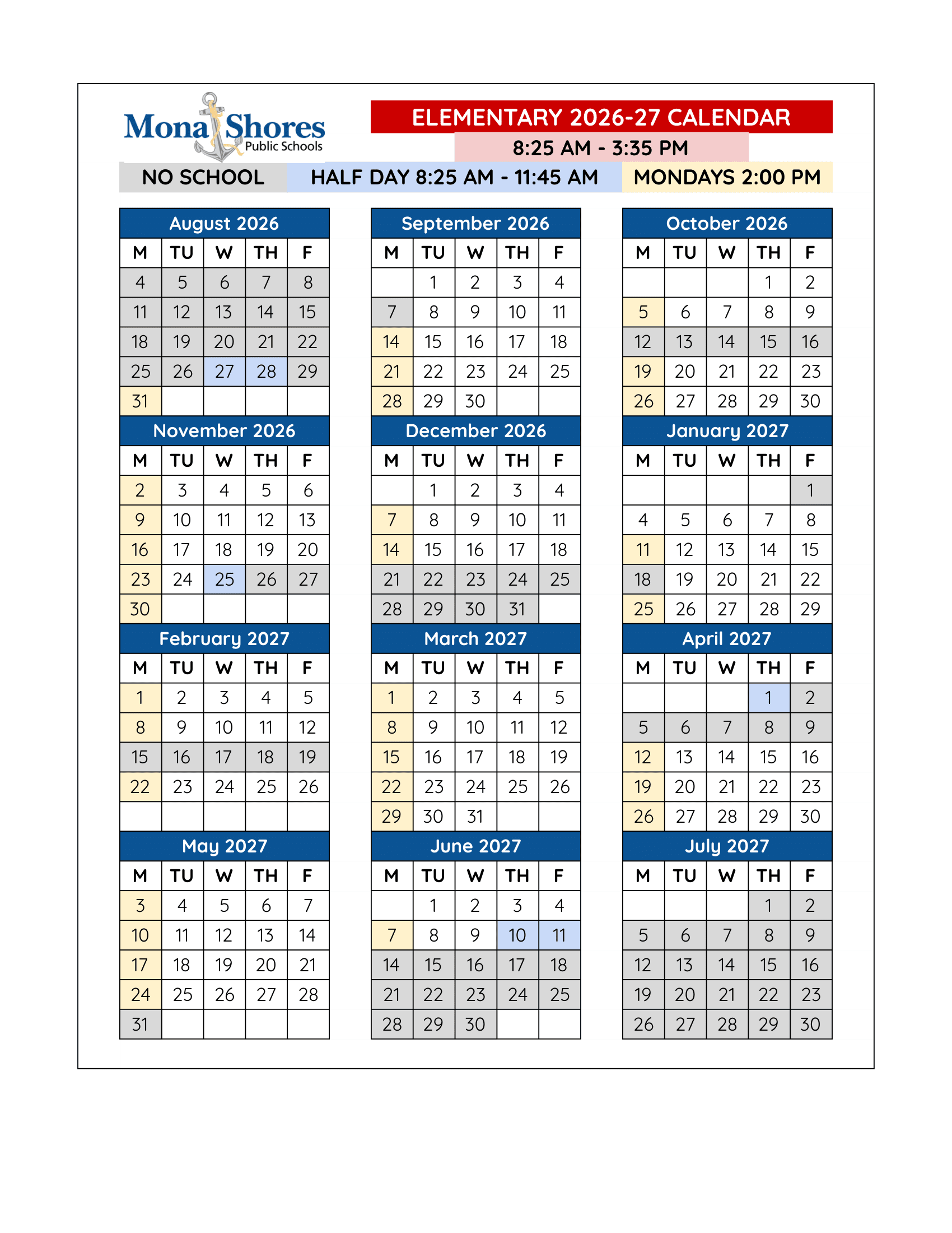 Mona Shores Public Schools Calendar 26-27 Revised