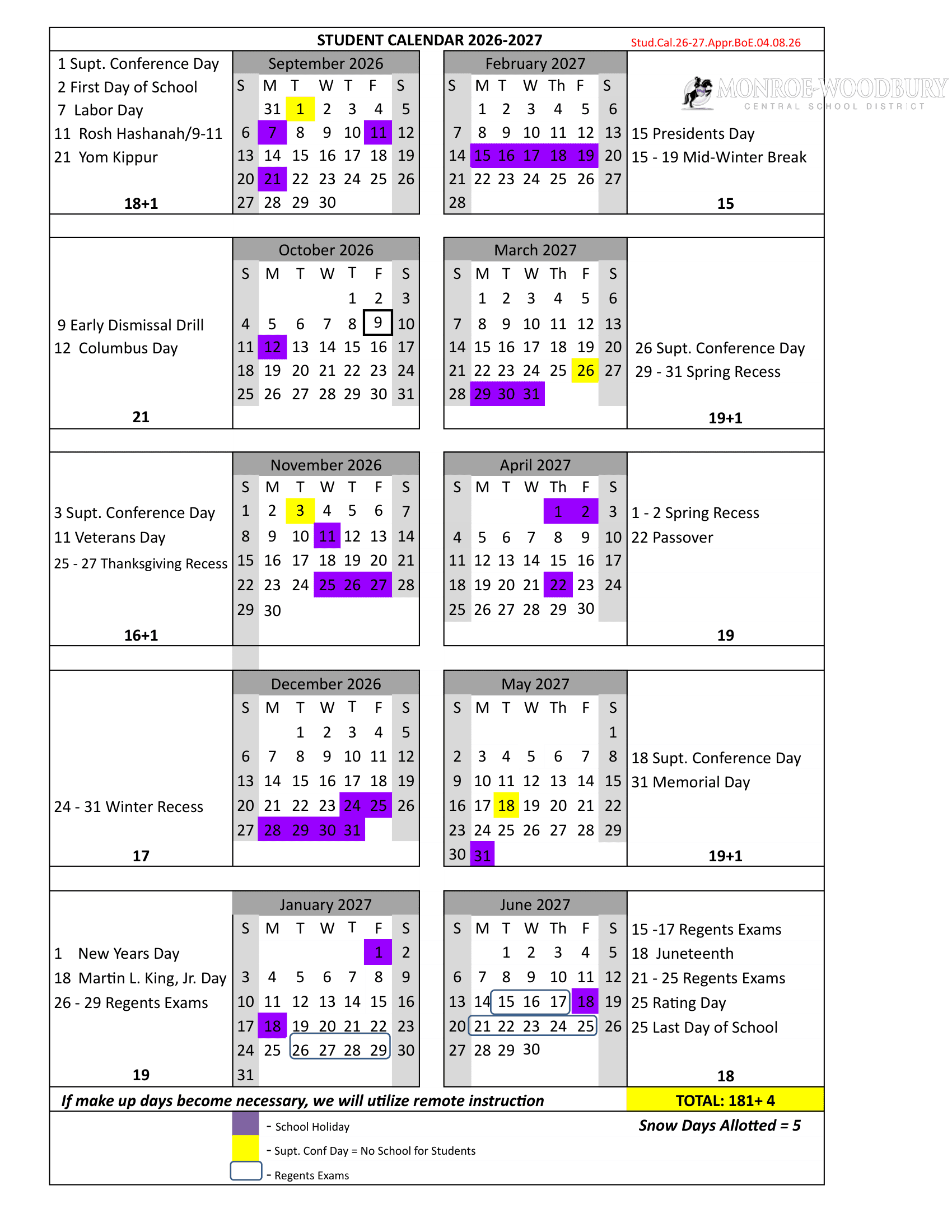 Monroe-Woodbury Central School District Calendar 26-27 Revised