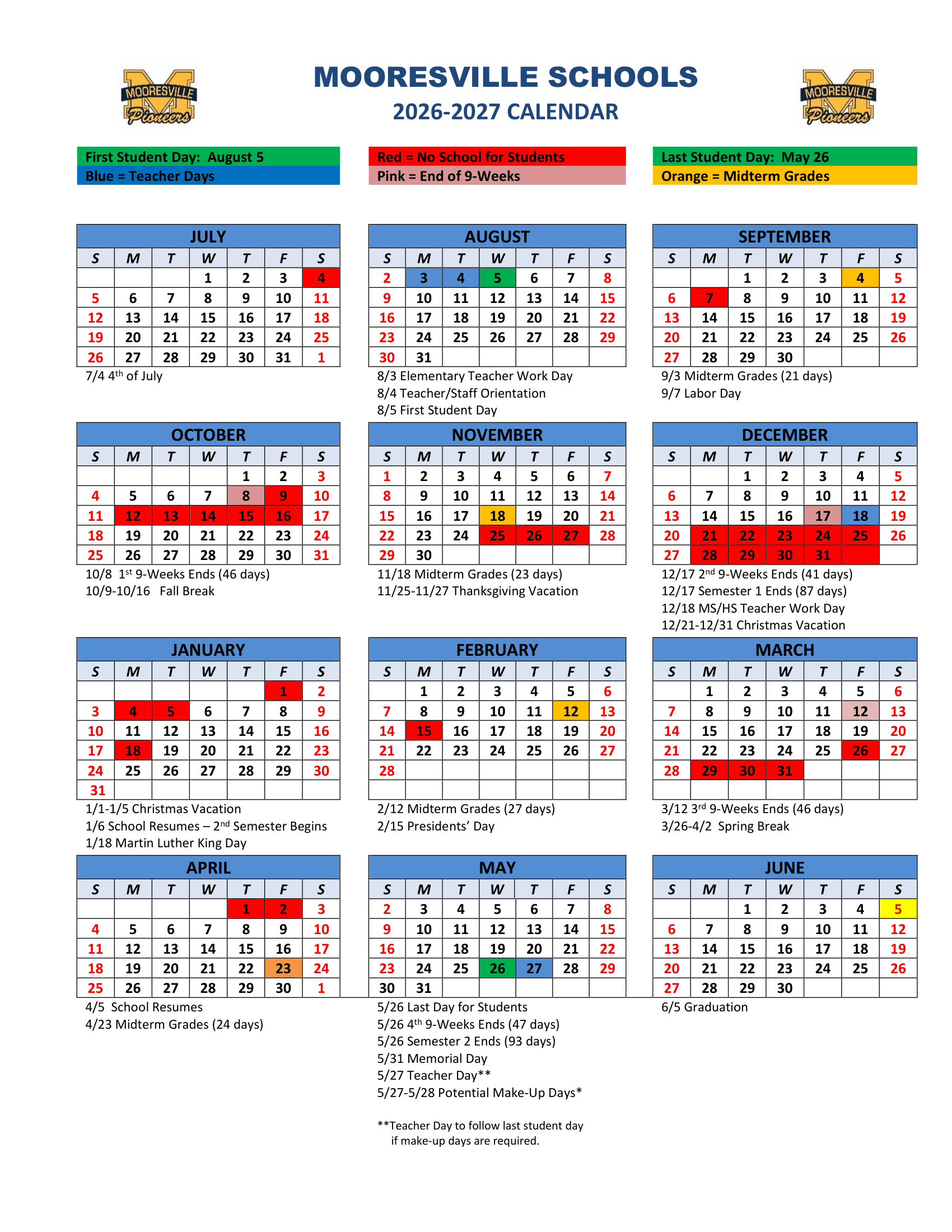 Mooresville Schools Calendar 26-27 Revised