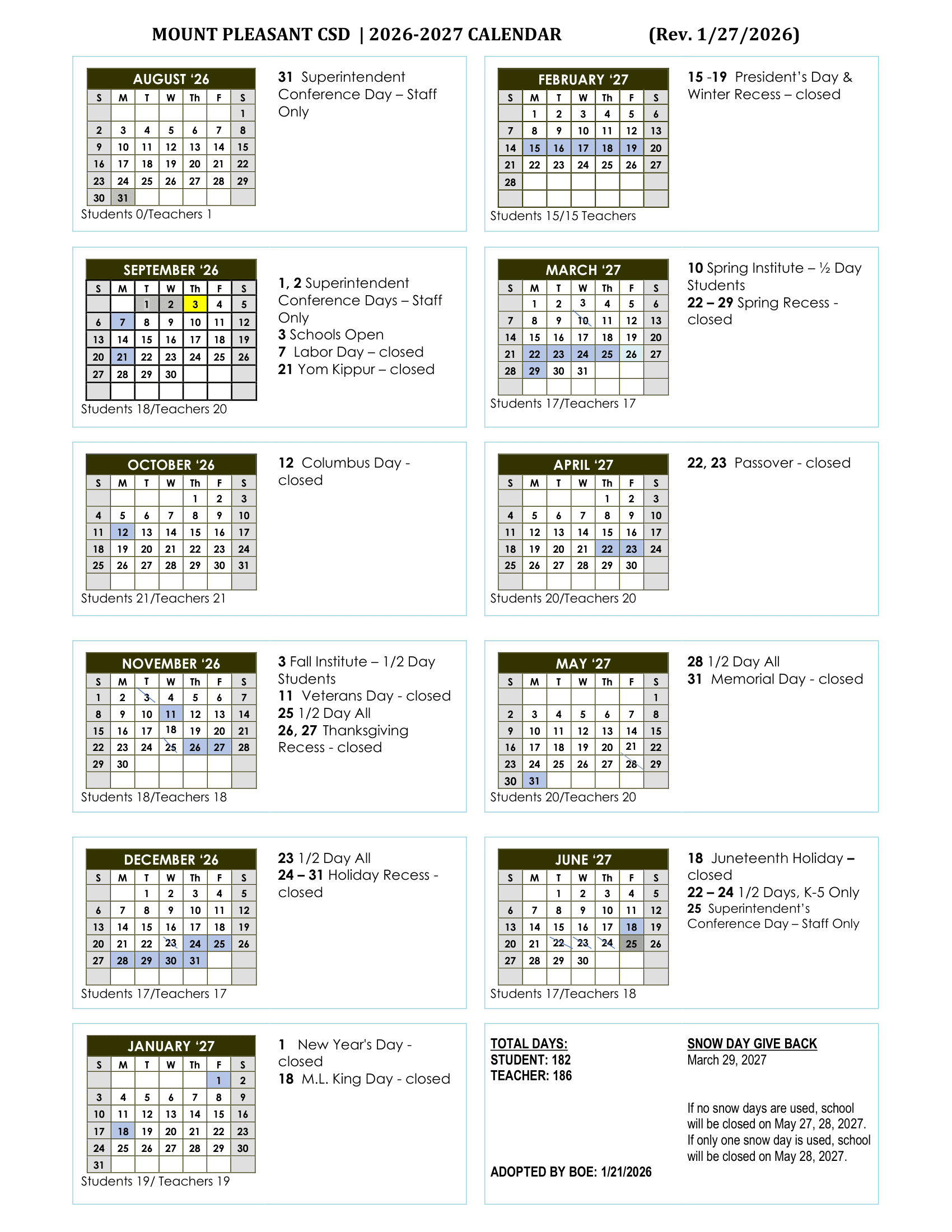 Mount Pleasant CSD Calendar 26-27 Revised