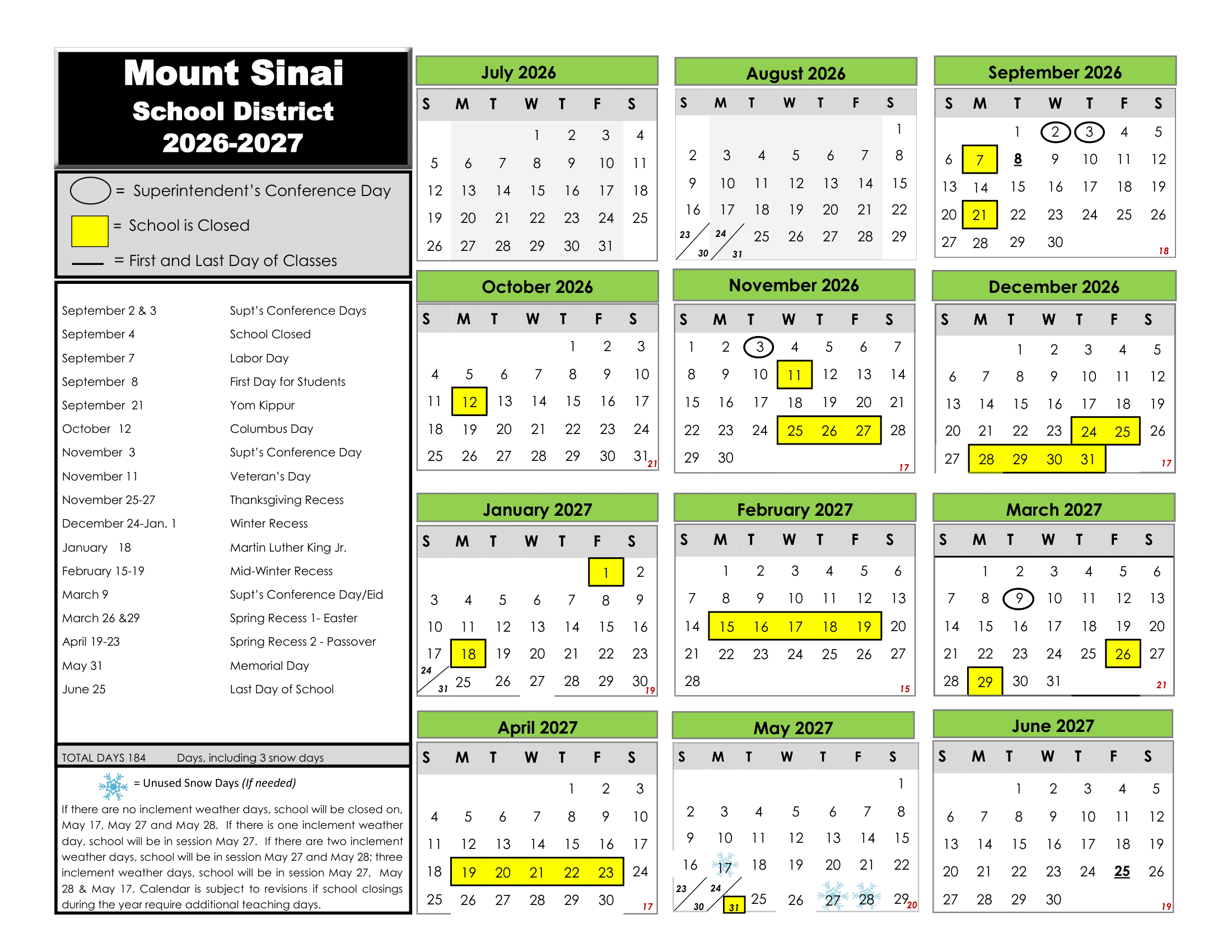 Mount Sinai School District Calendar 26-27 Revised