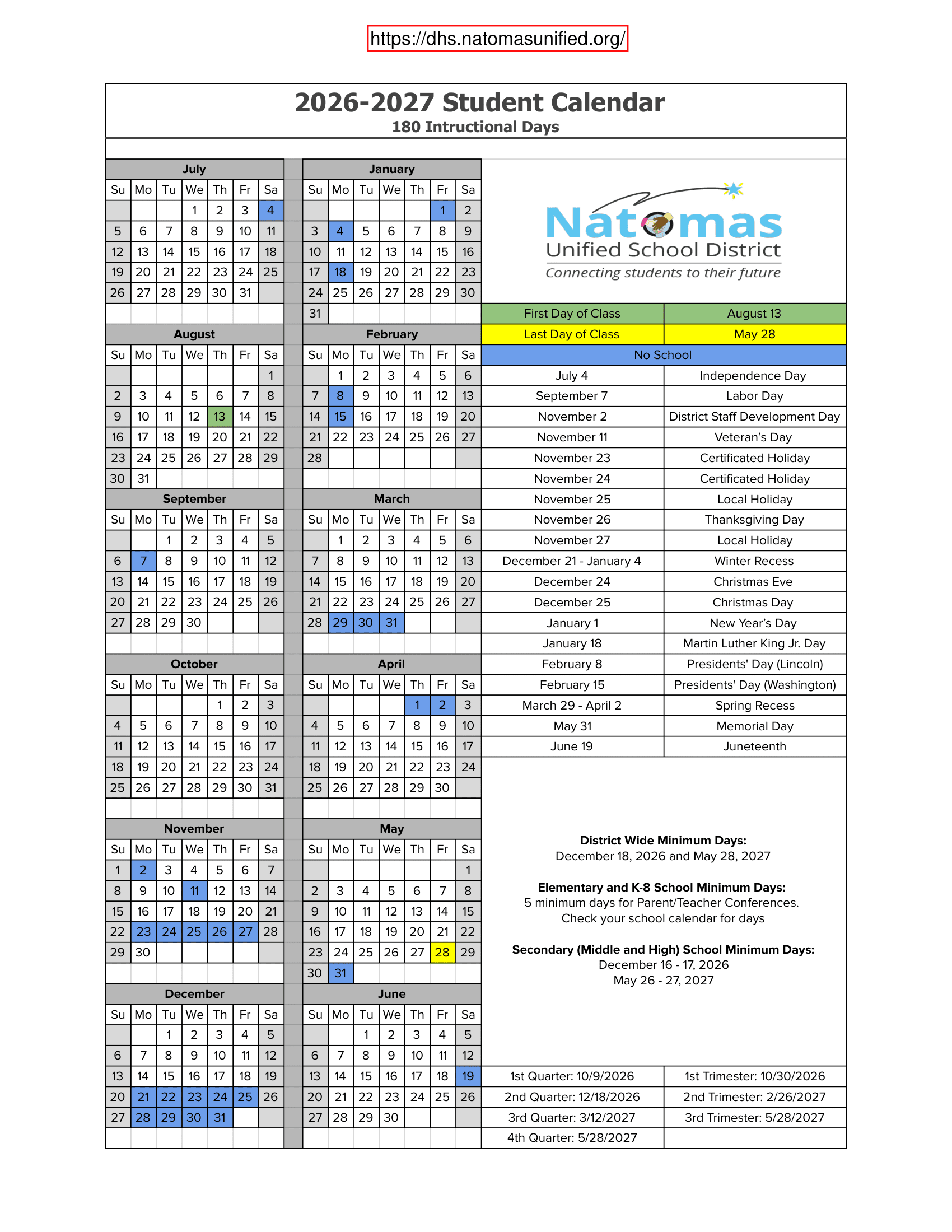 Natomas Unified School District Calendar 26-27 Revised