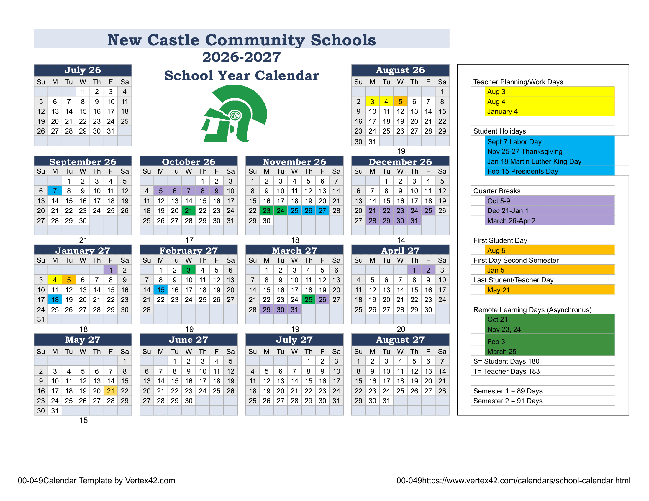 New Castle Community Schools Calendar 26-27 Revised