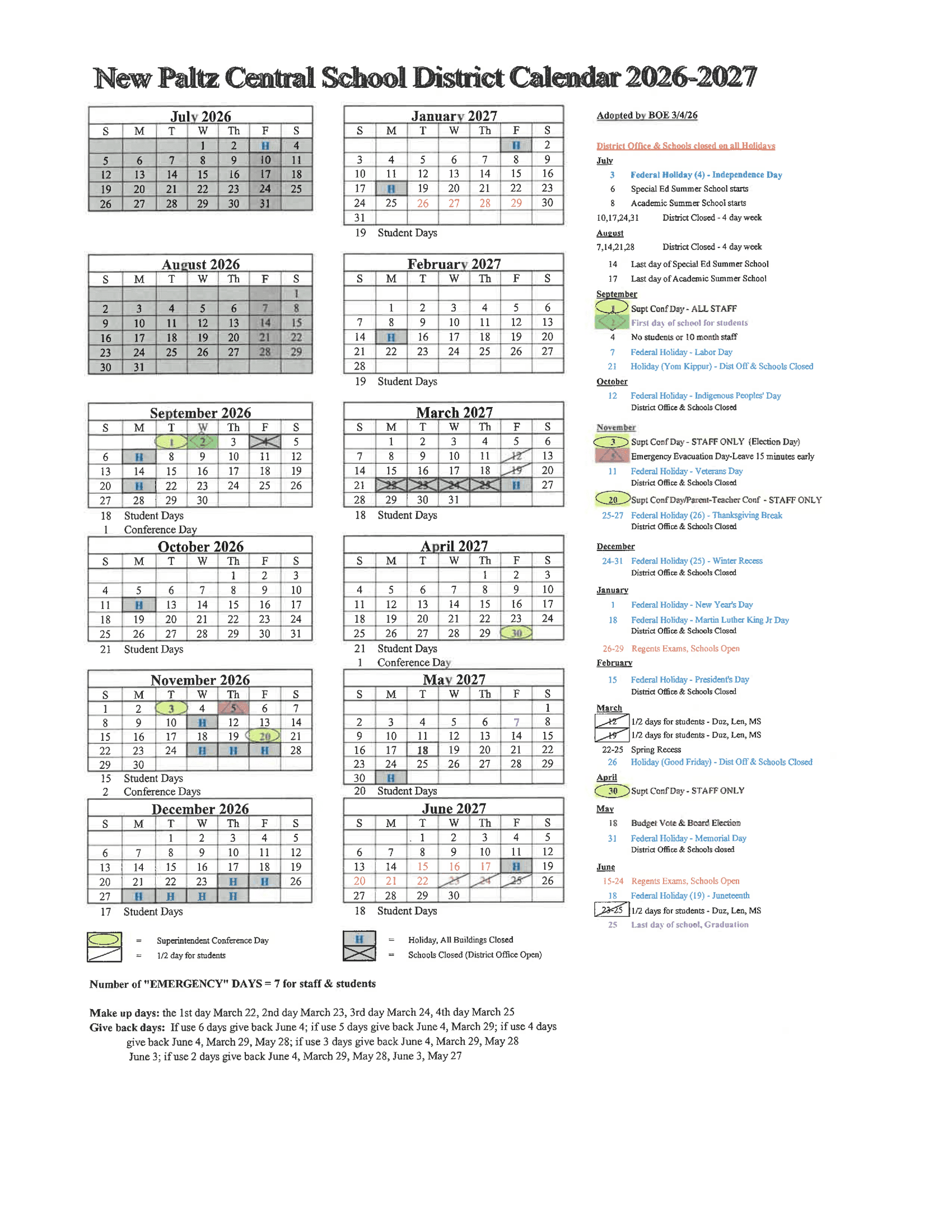 New Paltz Central School District Calendar 26-27 Revised