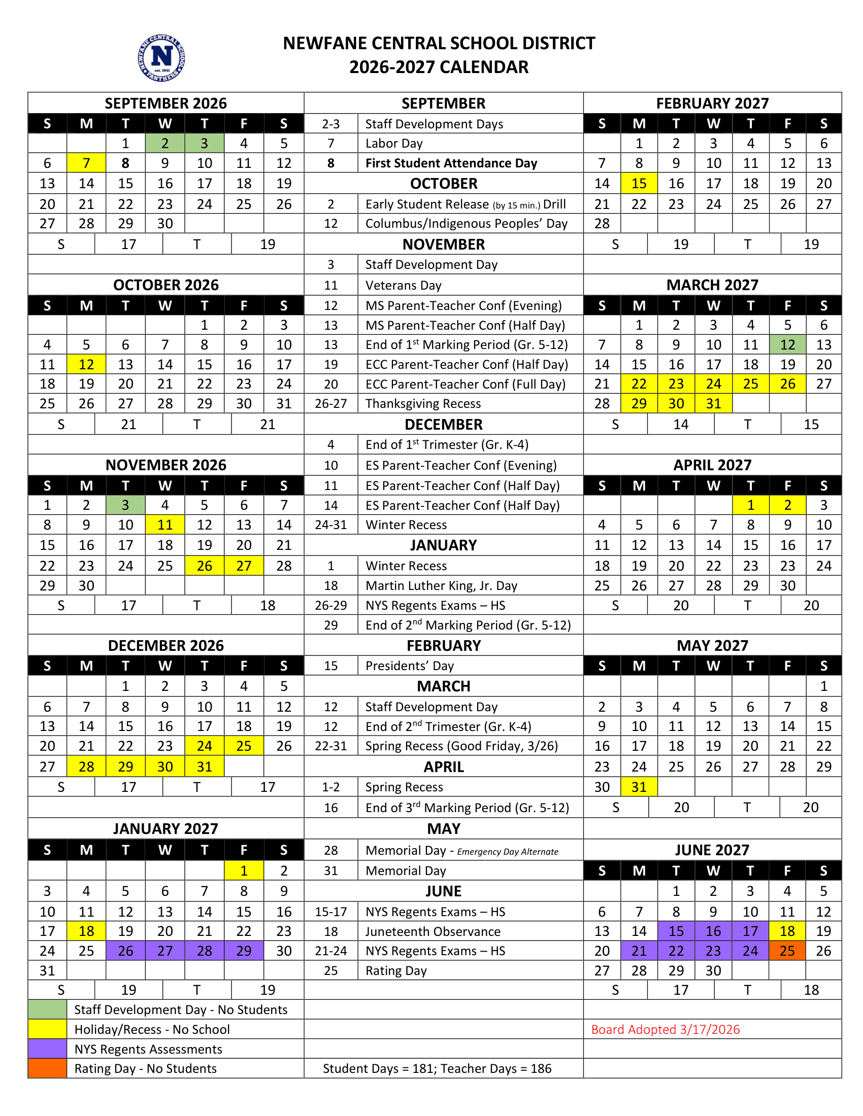 Newfane Central School District Calendar 26-27 Revised