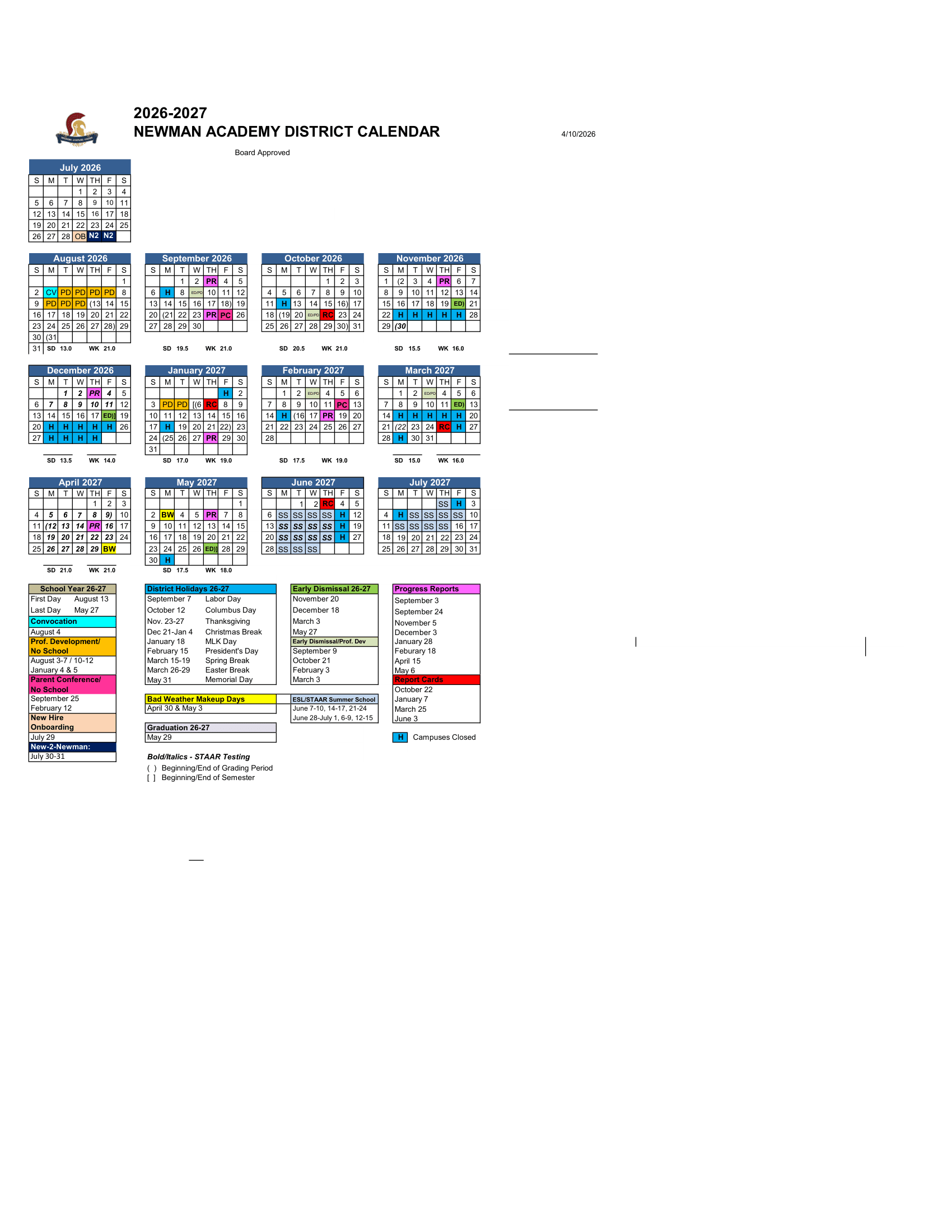 Newman Academy District Calendar 26-27 Revised PDF
