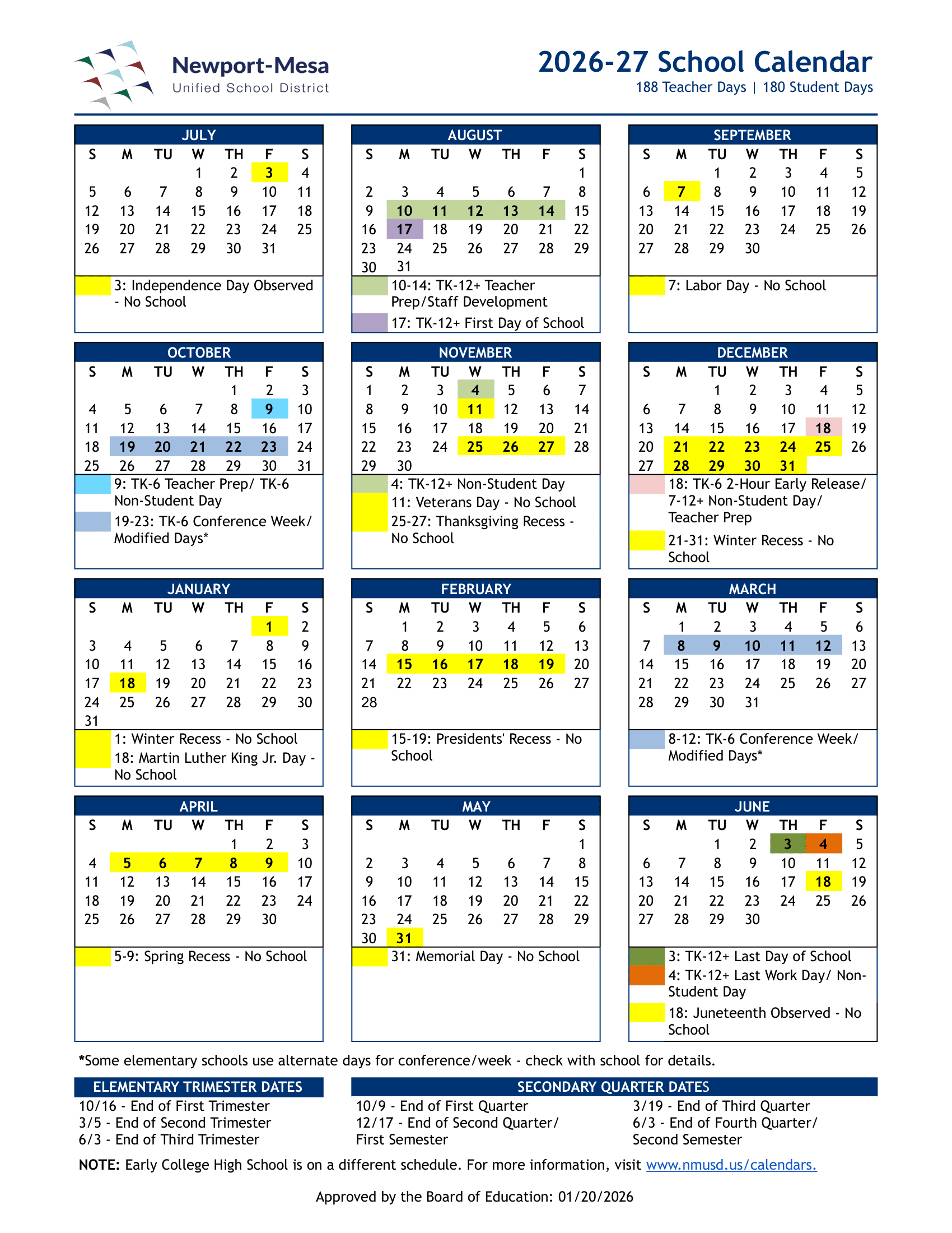 Newport-Mesa Unified School District Calendar 26-27 Revised