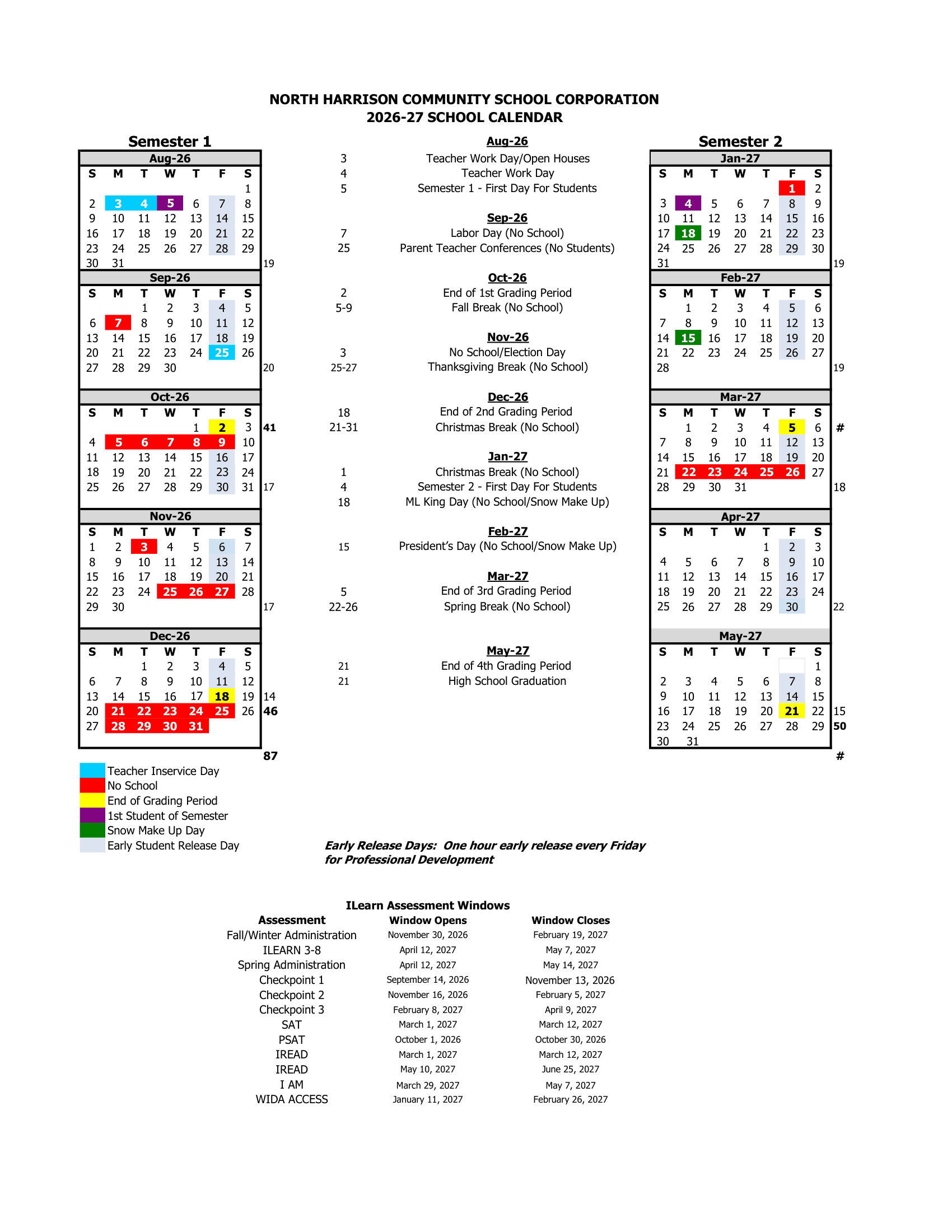 North Harrison Community School Corporation Calendar 26-27 Revised
