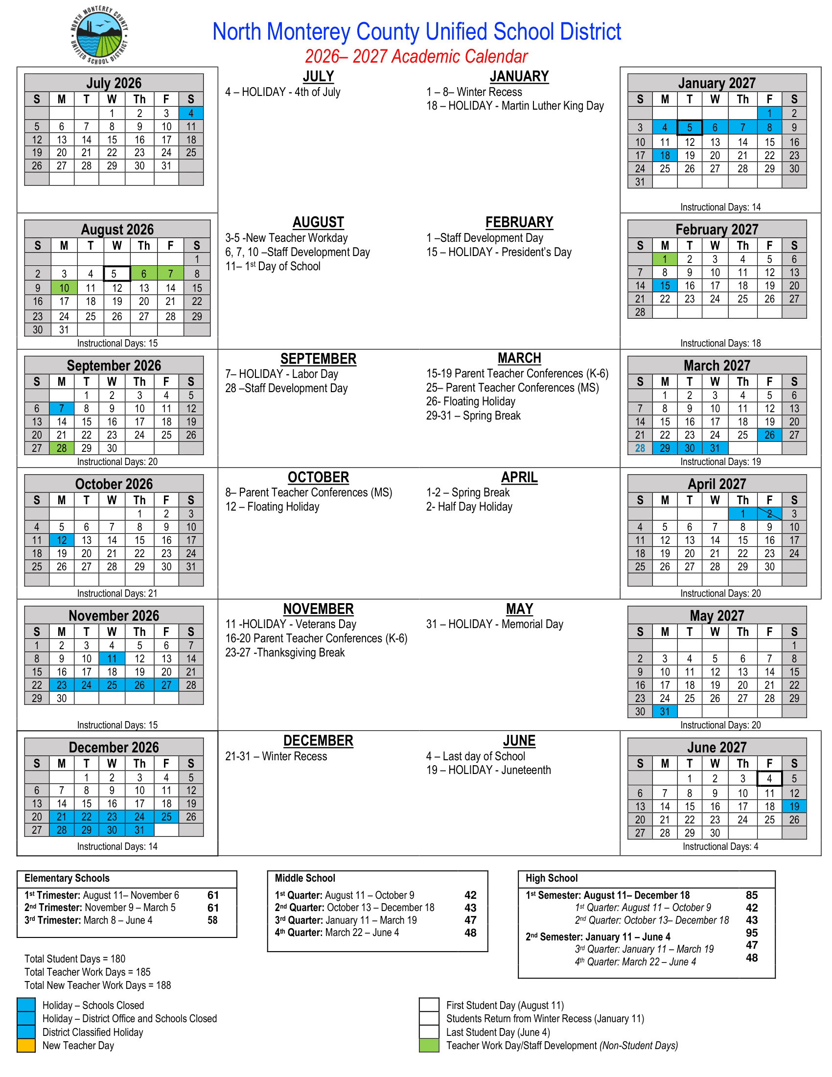 North Monterey County Unified School District Calendar 26-27 Revised