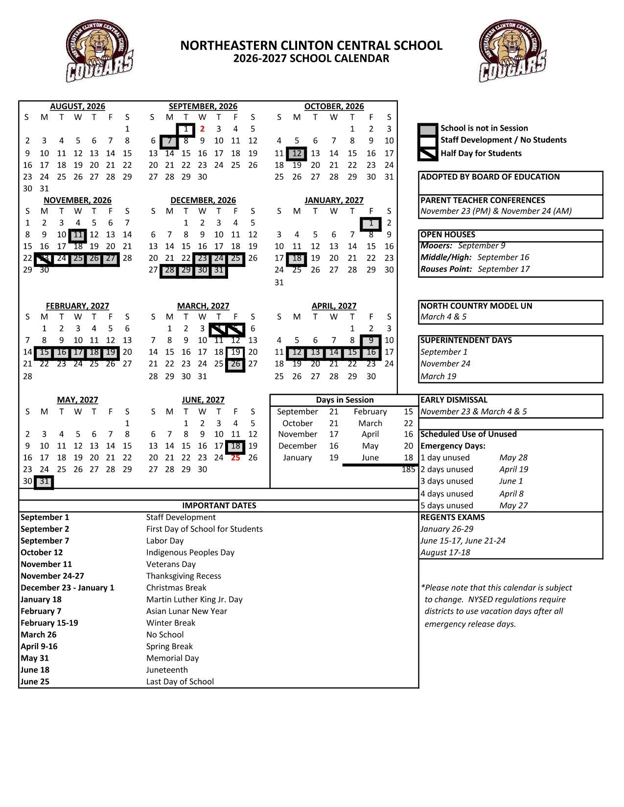 Northeastern Clinton Central School Calendar 26-27 Revised
