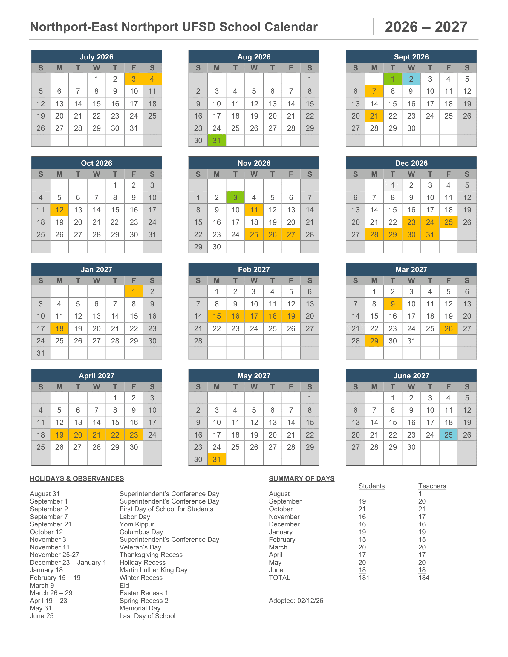 Northport-East Northport UFSD Calendar 26-27 Revised