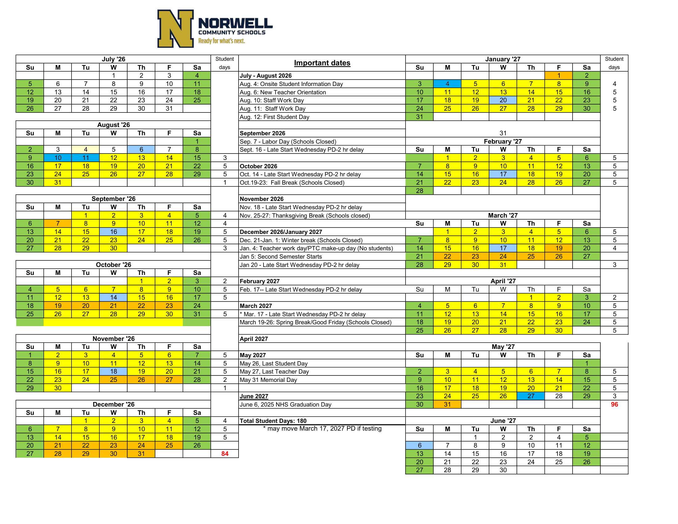 Norwell Community Schools Calendar 26-27 Revised