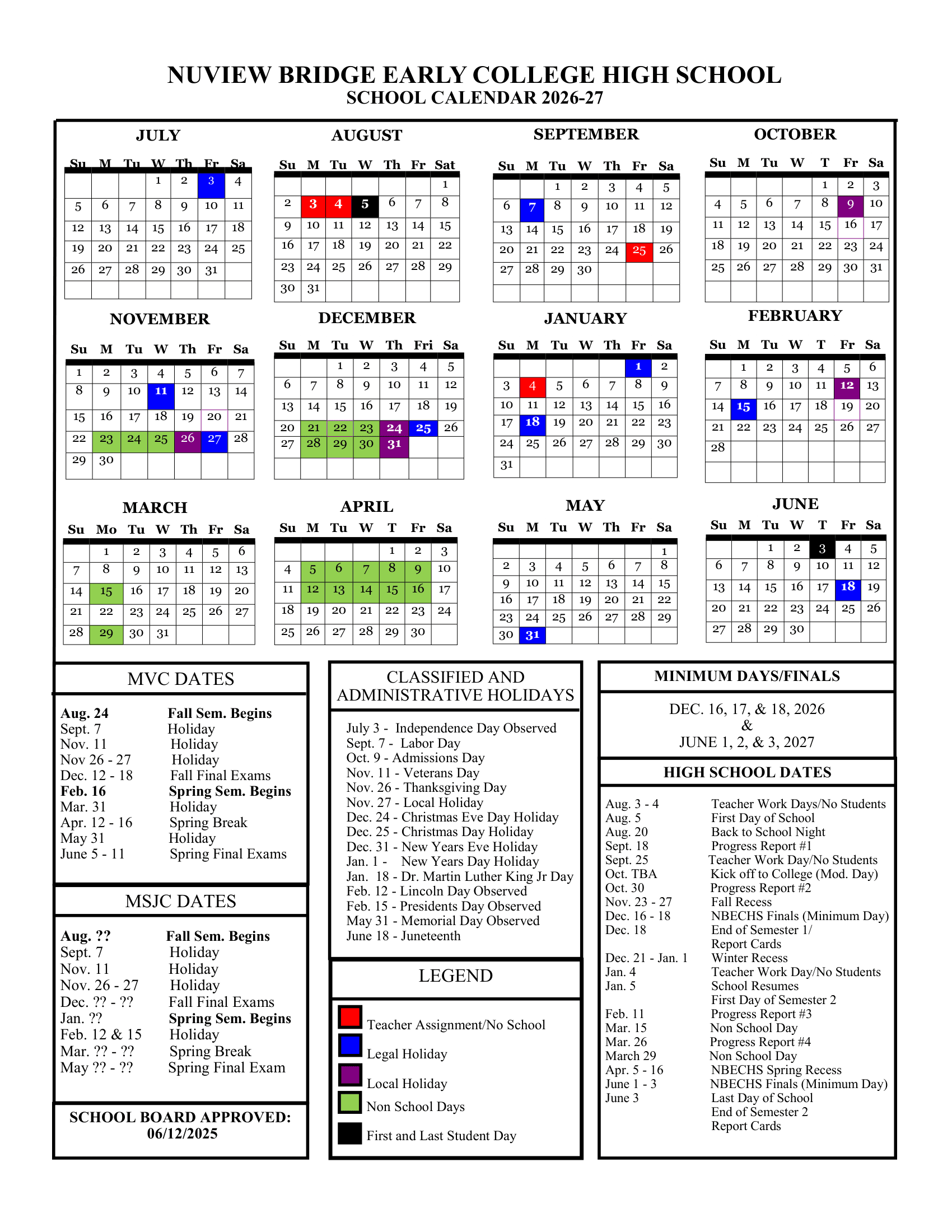 Nuview Bridge Early College High School Calendar 26-27 Revised