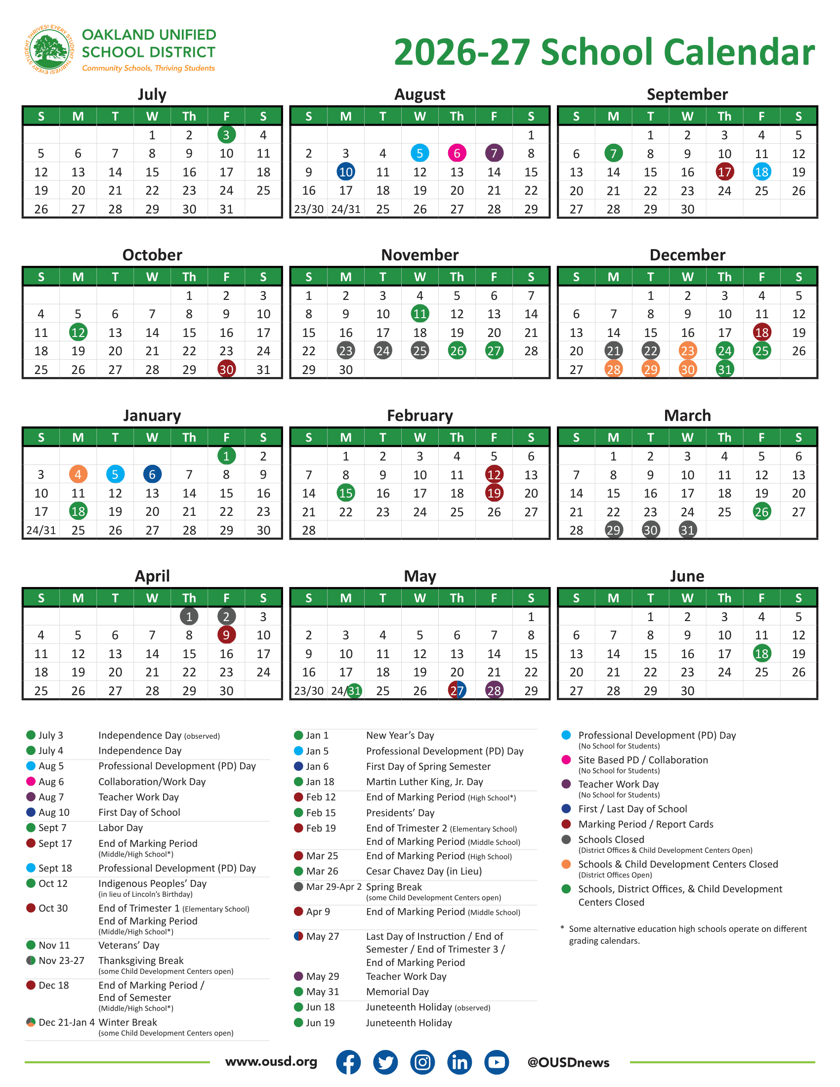 Oakland Unified School District Calendar 26-27 Revised