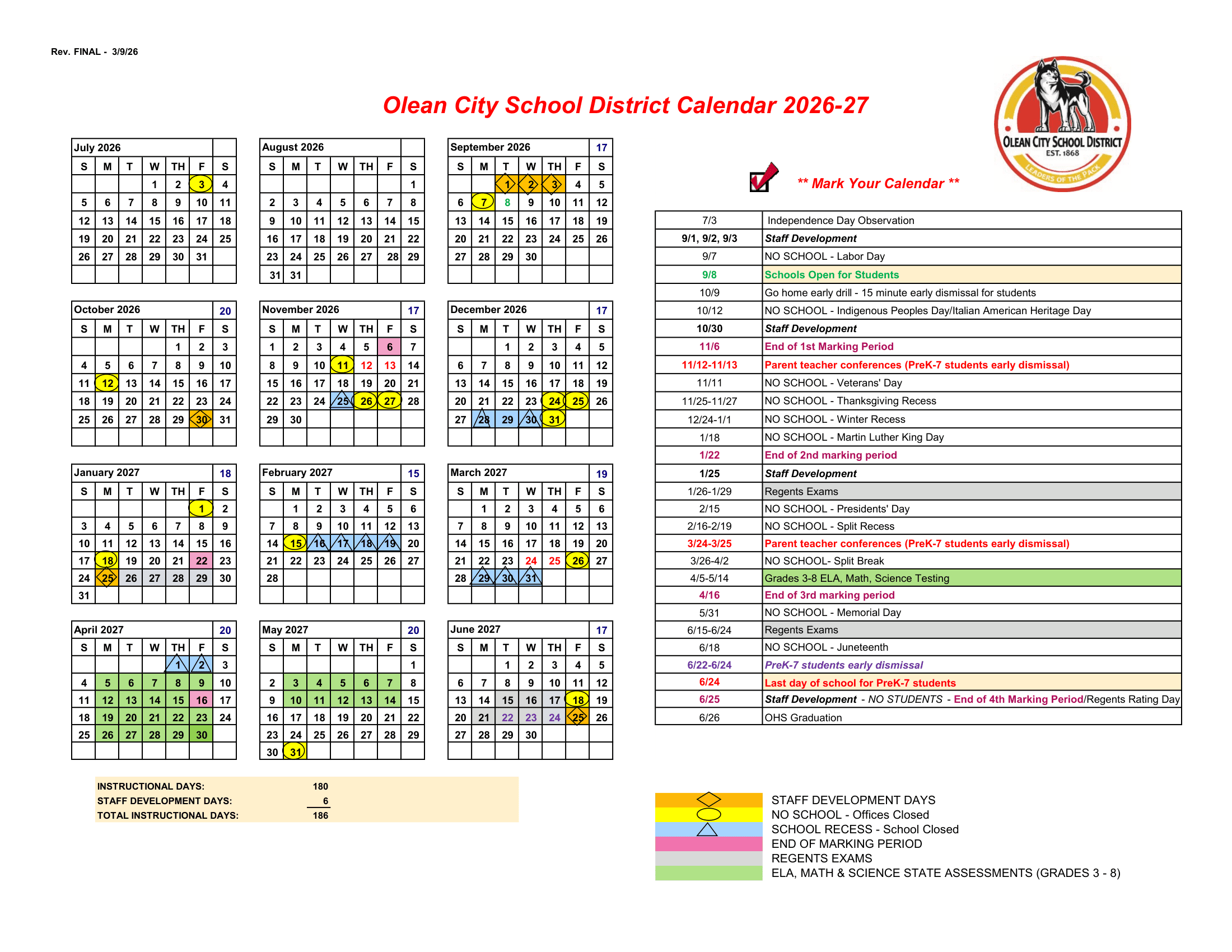 Olean City School District Calendar 26-27 Revised