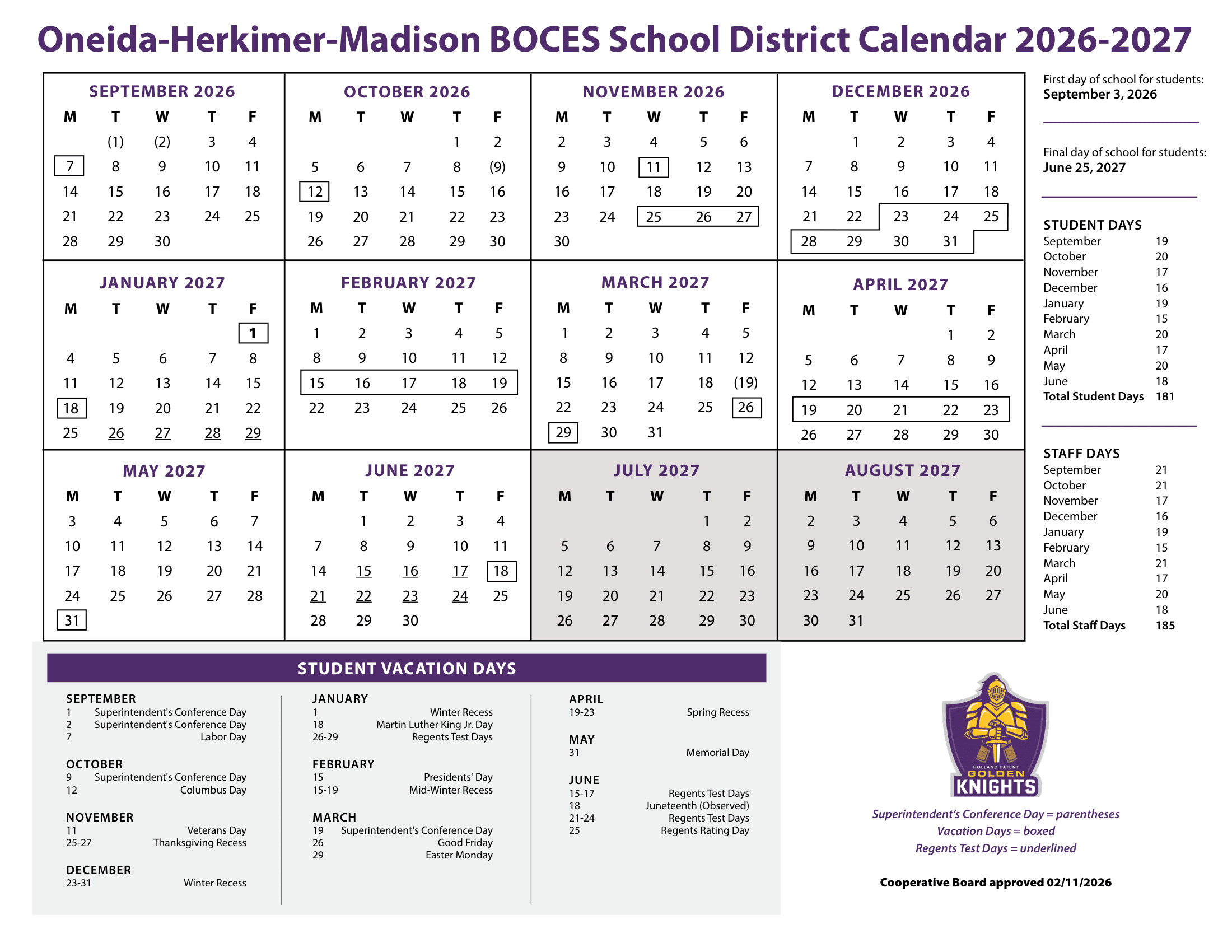Oneida-Herkimer-Madison BOCES School District Calendar 26-27 Revised