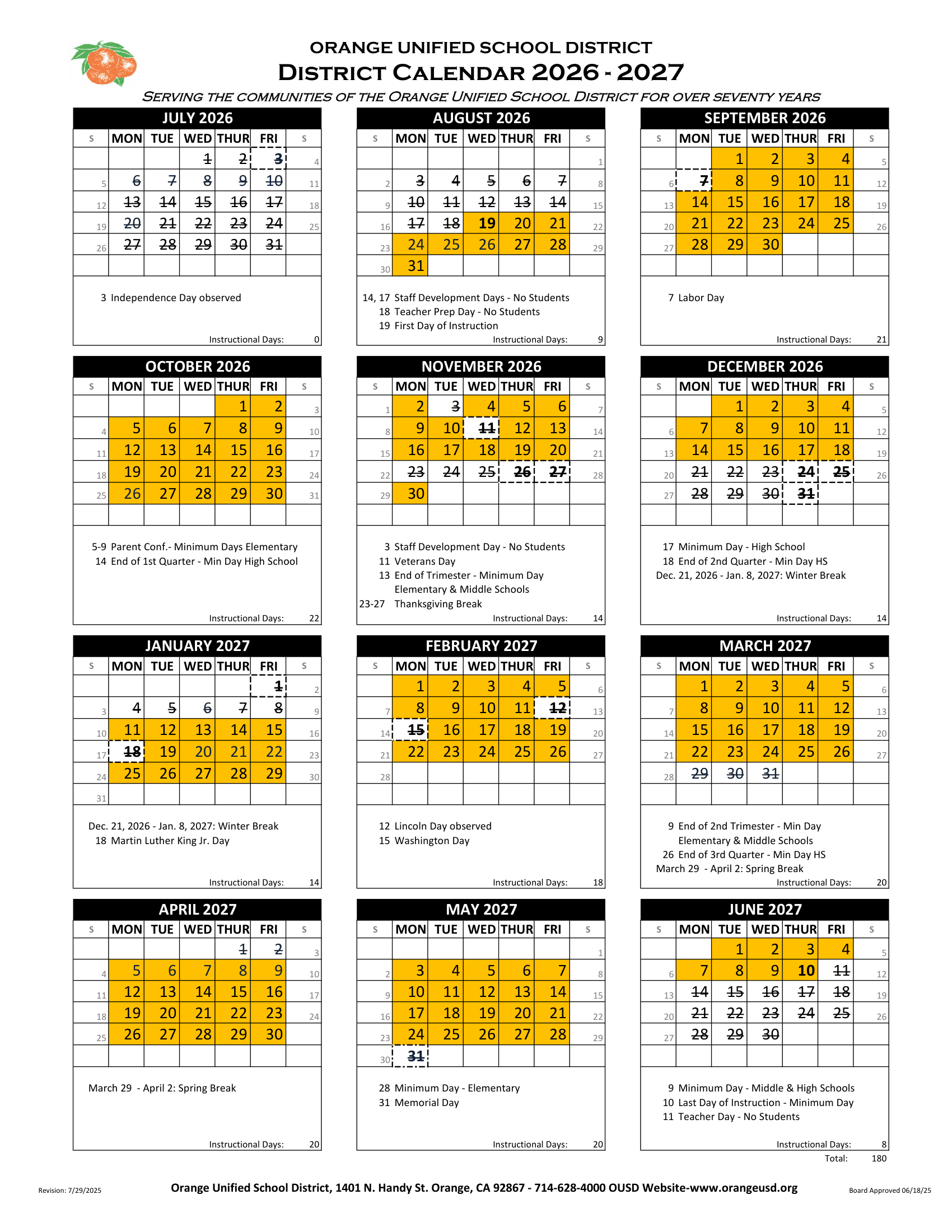 Orange Unified School District Calendar 26-27 Revised