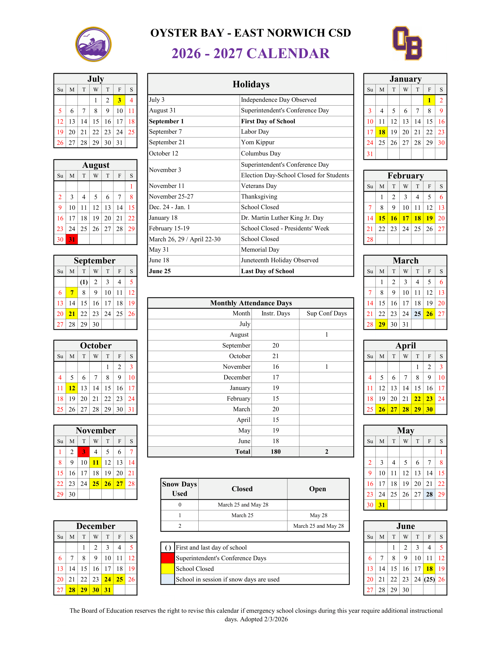 Oyster Bay - East Norwich CSD Calendar 26-27 Revised