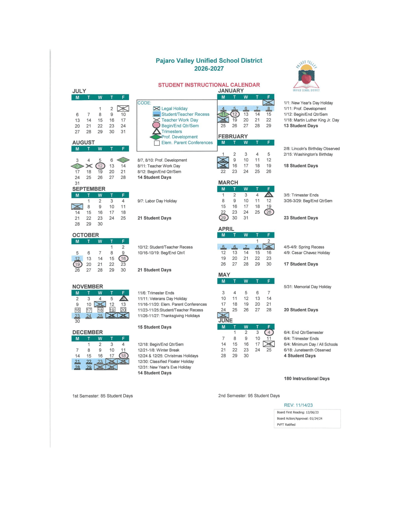 Pajaro Valley Unified School District Calendar 26-27 Revised