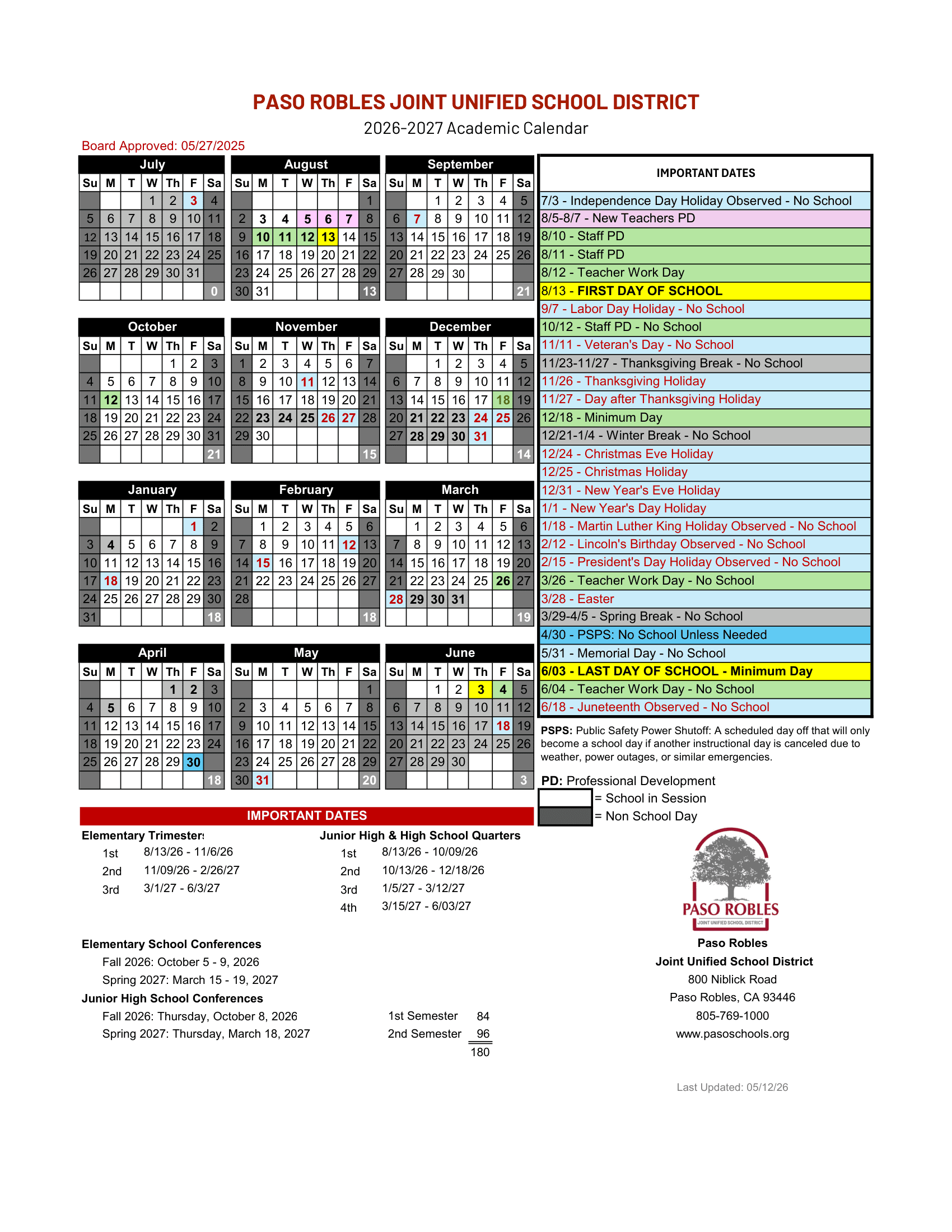 Paso Robles Joint Unified School District Calendar 26-27 Revised