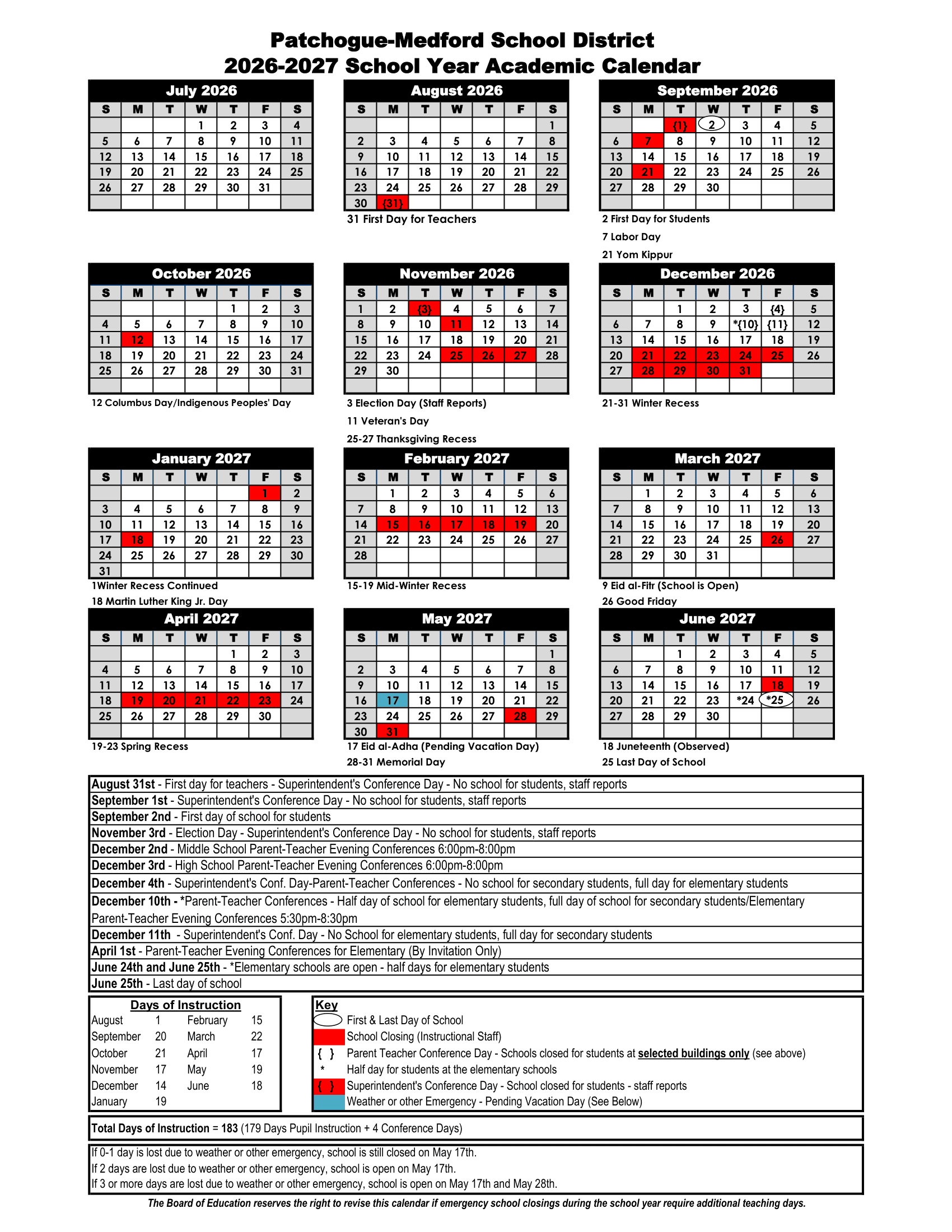 Patchogue-Medford School District Calendar 26-27 Revised