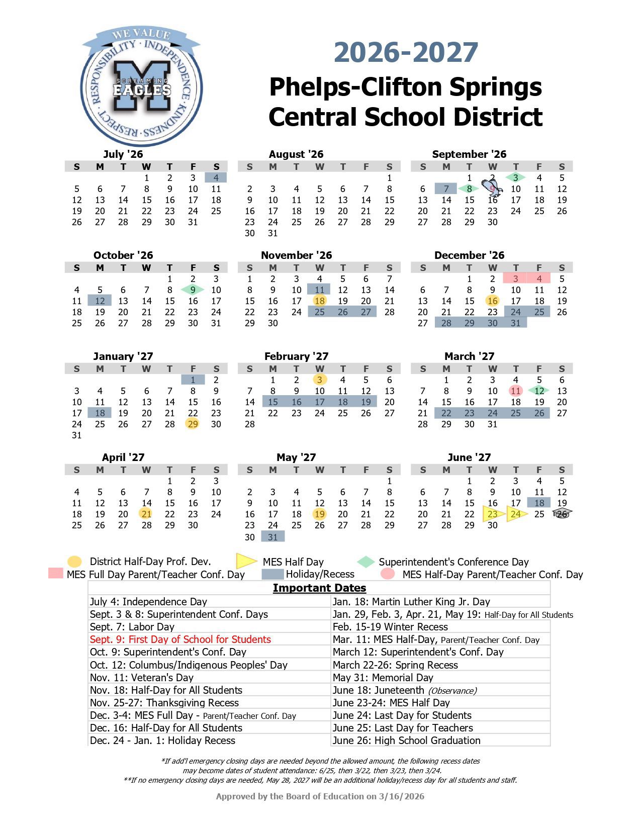 Bellmore Public Schools Calendar 26-27 Revised