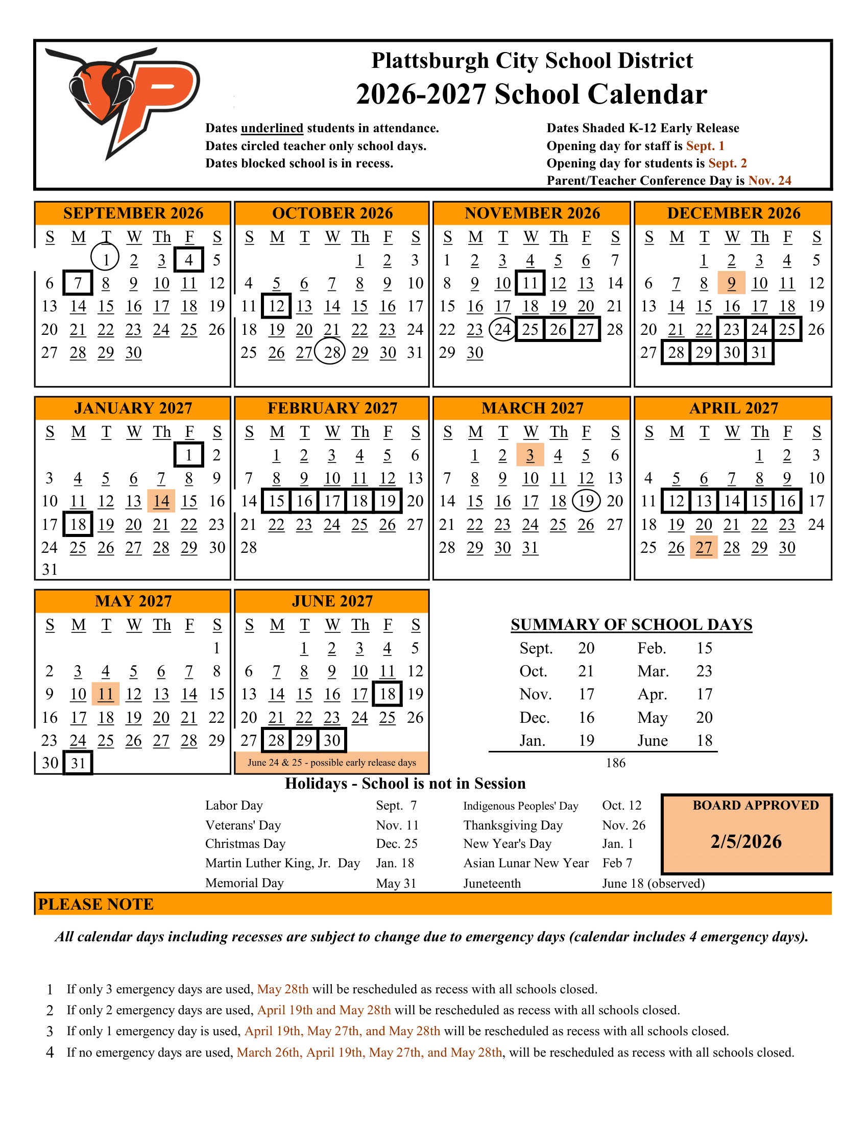 Plattsburgh City School District Calendar 26-27 Revised