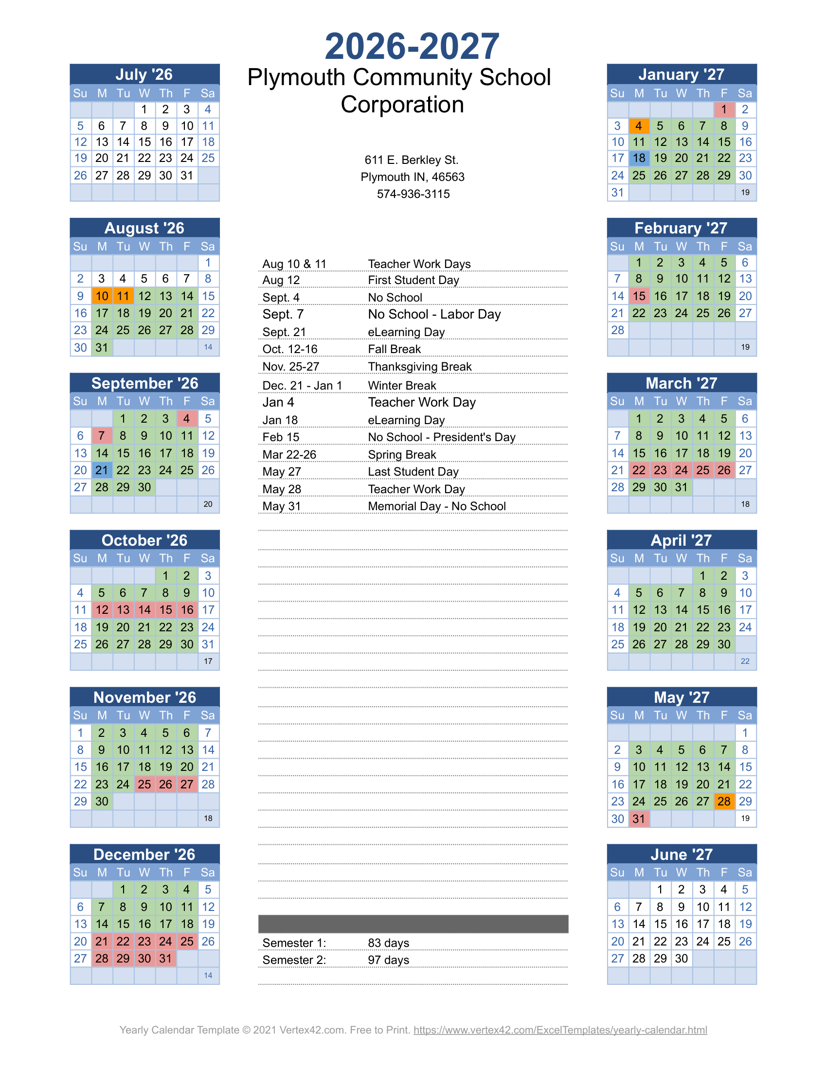 Plymouth Community School Corporation Calendar 26-27 Revised