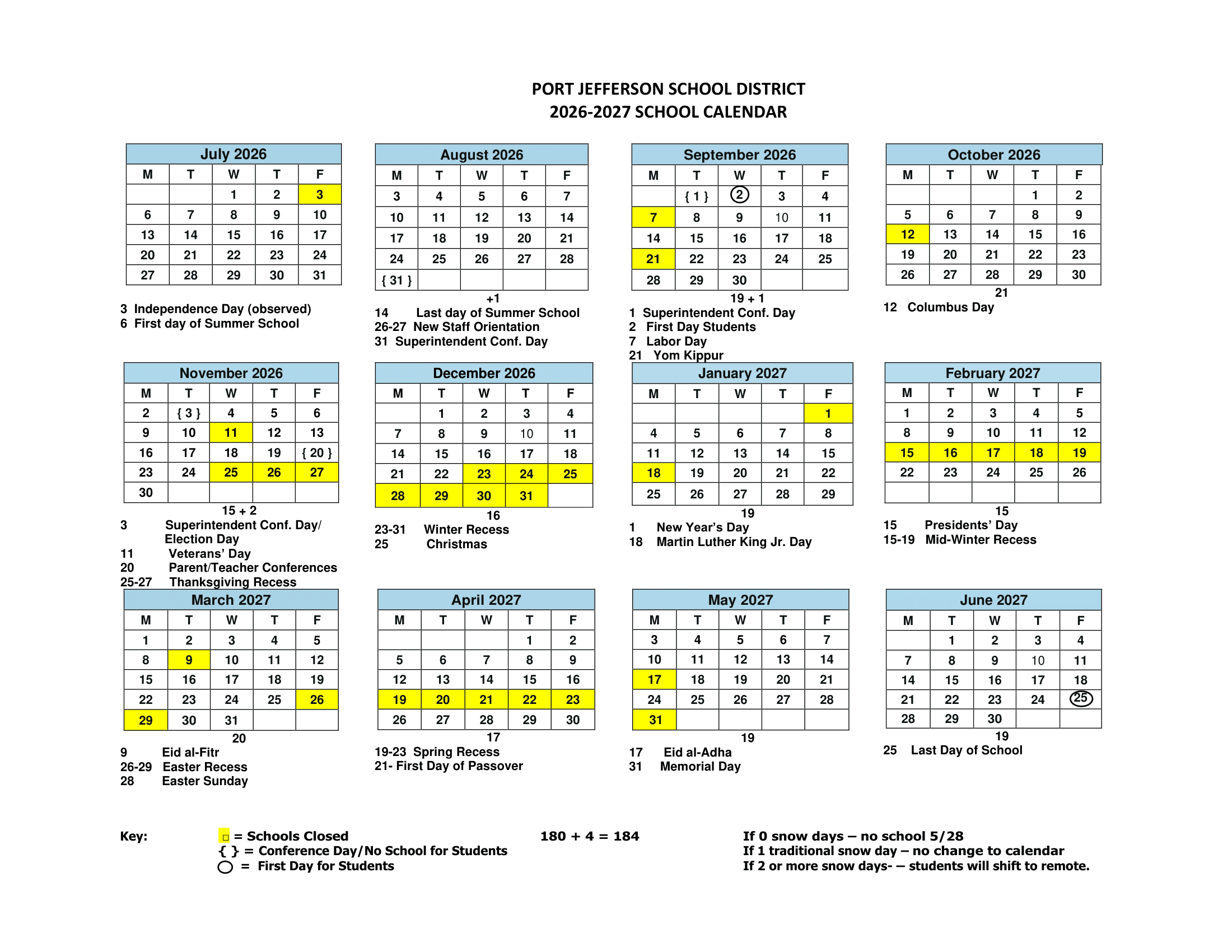 Port Jefferson School District Calendar 26-27 Revised