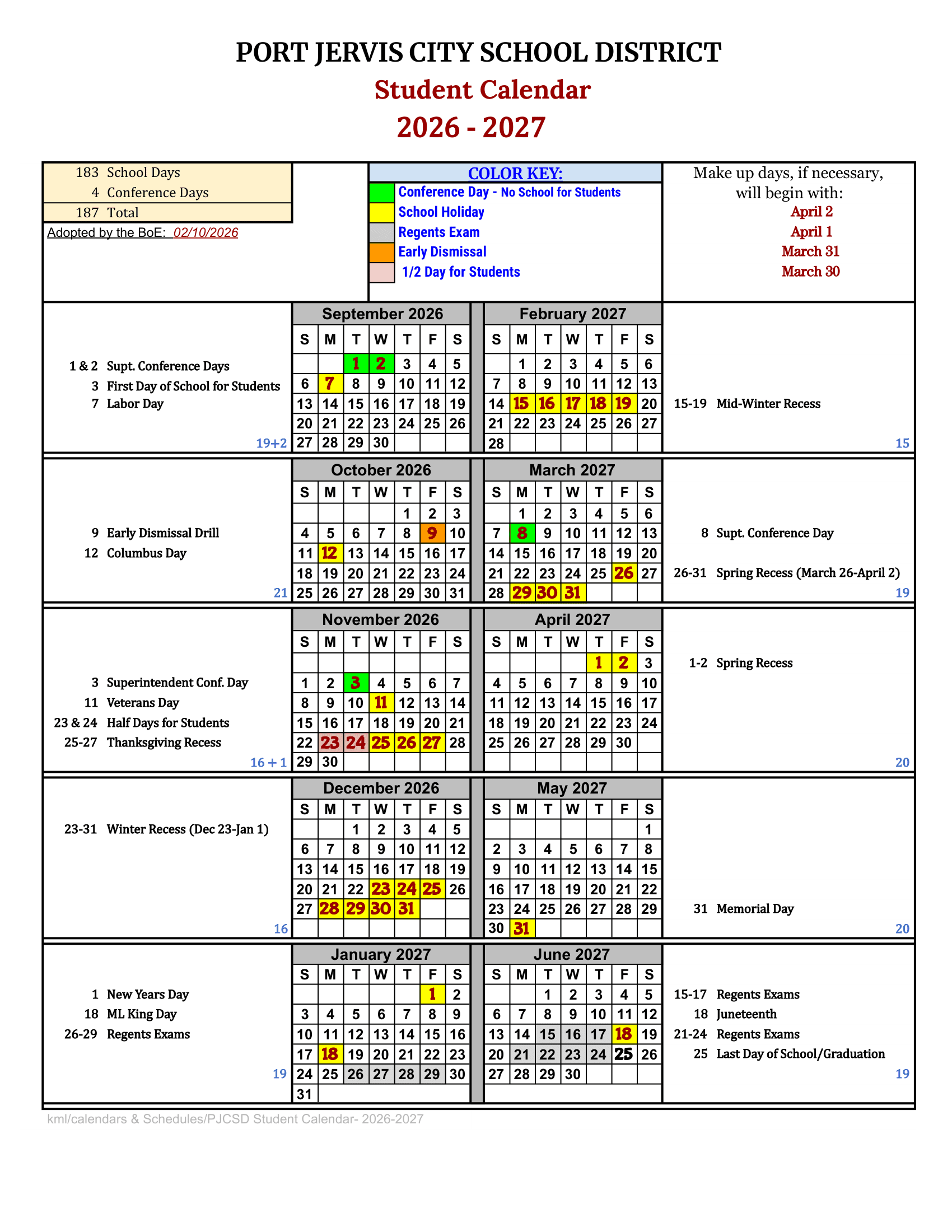 Port Jervis City School District Calendar 26-27 Revised