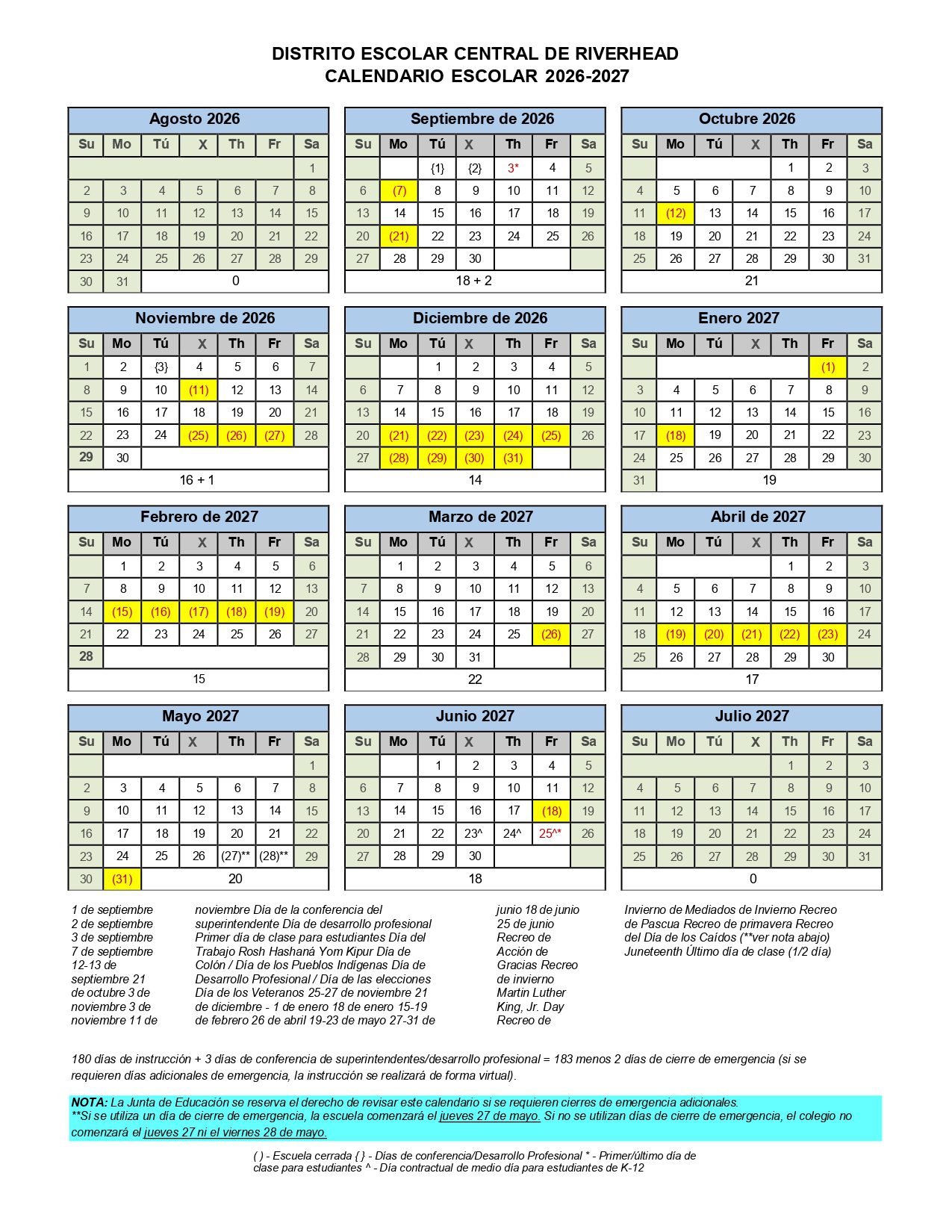 RIVERHEAD CENTRAL SCHOOL DISTRICT Calendar 26-27 Revised