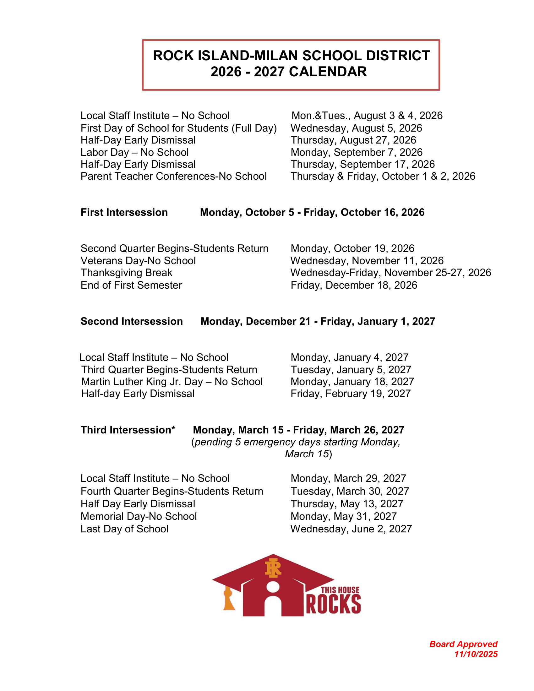 ROCK ISLAND-MILAN SCHOOL DISTRICT Calendar 26-27 Revised