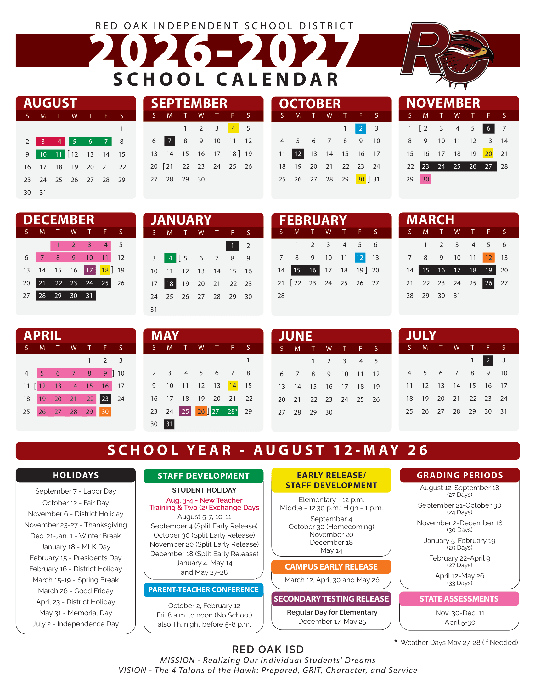 Red Oak Independent School District Calendar 26-27 Revised PDF