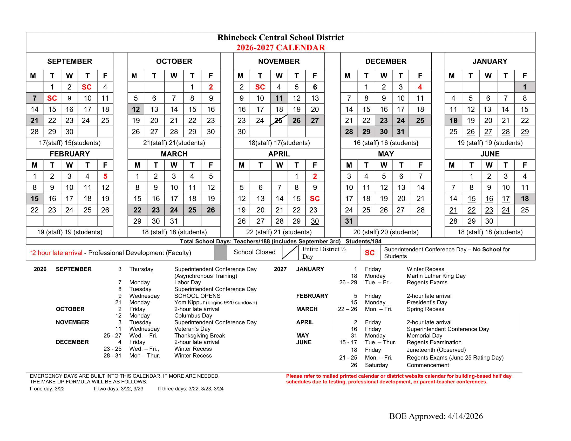 Rhinebeck Central School District Calendar 26-27 Revised