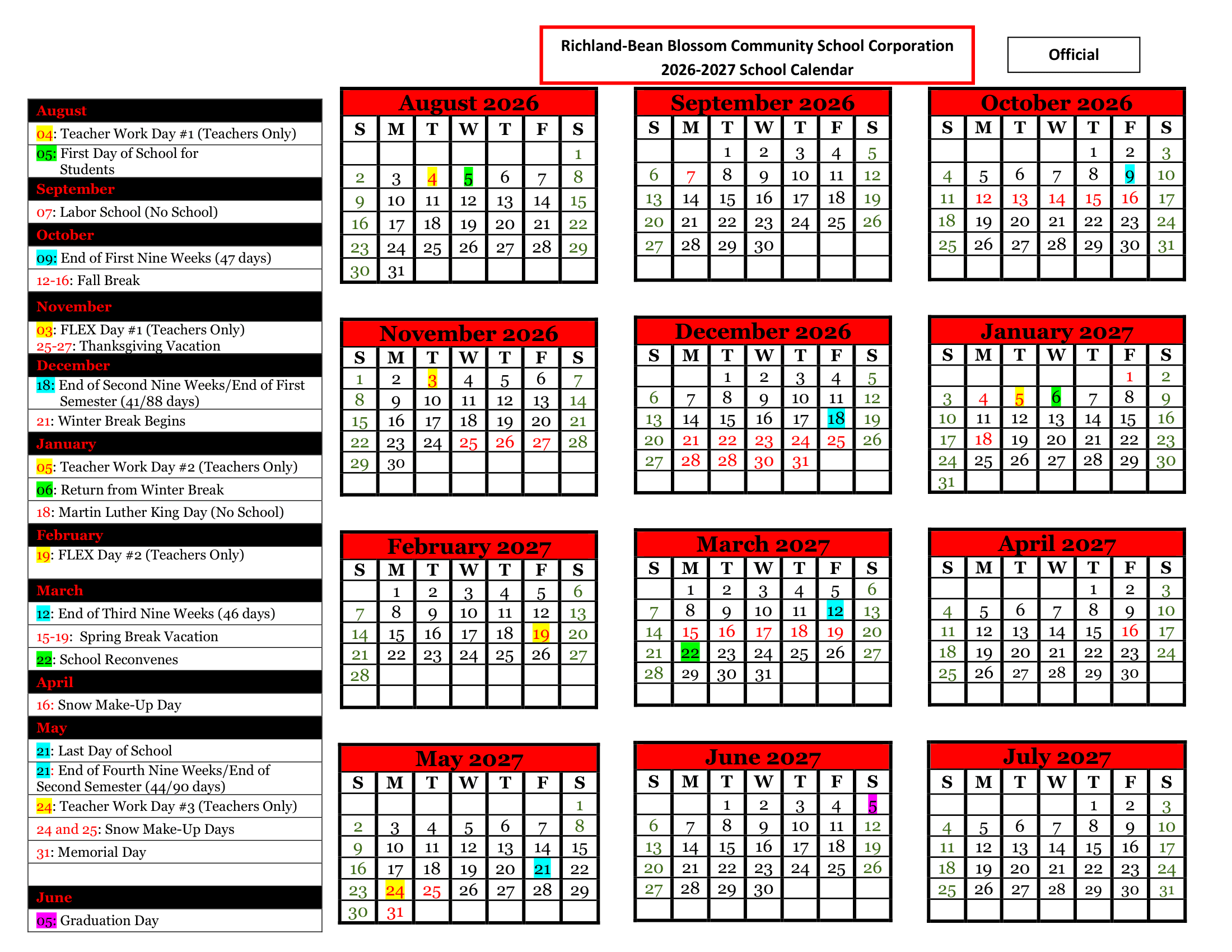 Richland-Bean Blossom Community School Corporation Calendar 26-27 Revised